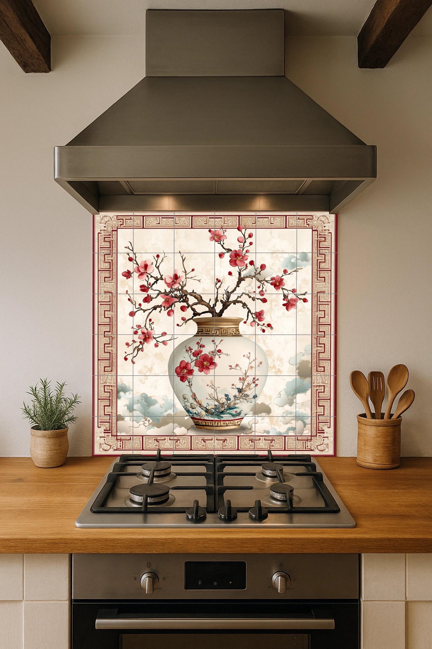 Oriental plum blossom ceramic mural: Chinese porcelain vase with floral motifs, decorative cloud border, elegant handcrafted tile art.