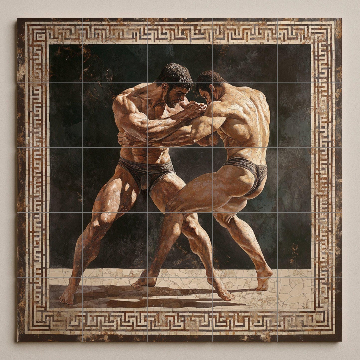 Ancient Greek wrestling ceramic mural: Classic athletic combat scene, mythical strength wall panel, heritage tile art with geometric border