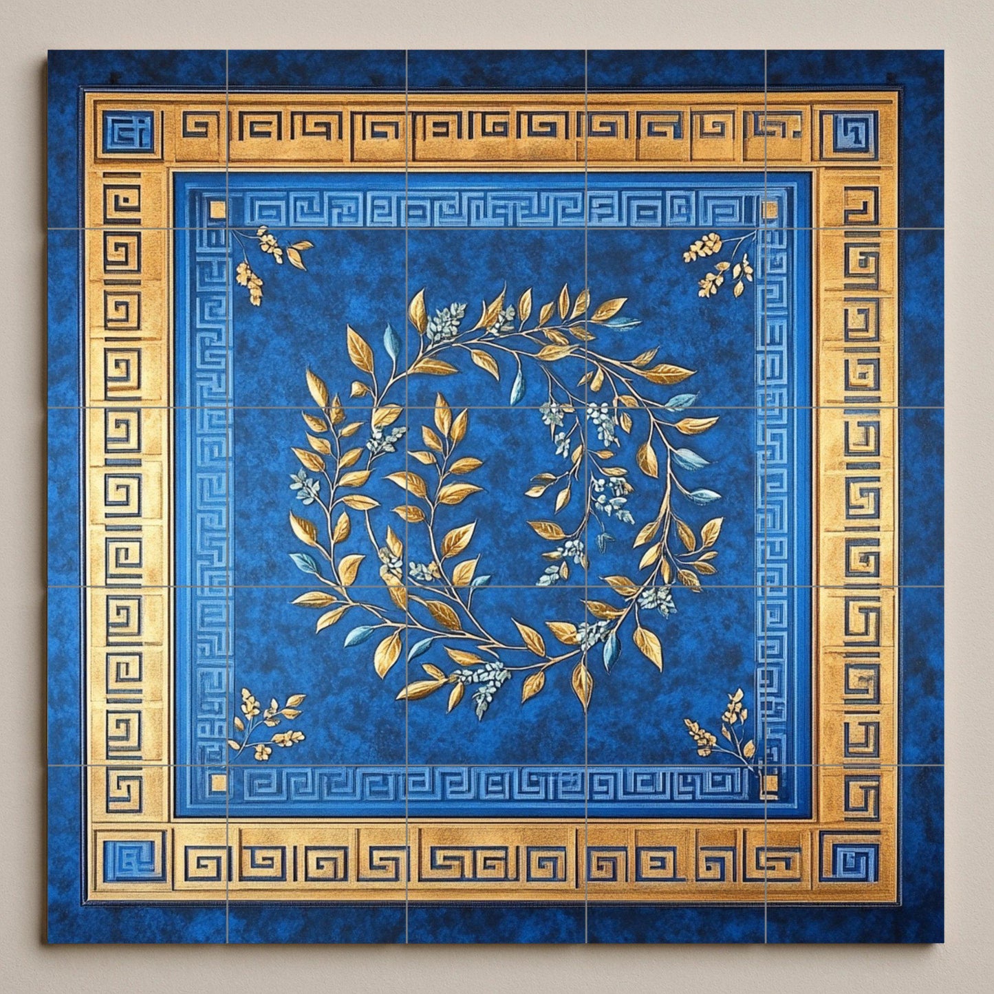 Cobalt Blue and Gold Ceramic Mural: Ornamental Laurel Wreath with Greek Key Border, Classic Decorative Tile Wall Panel, Luxurious Design