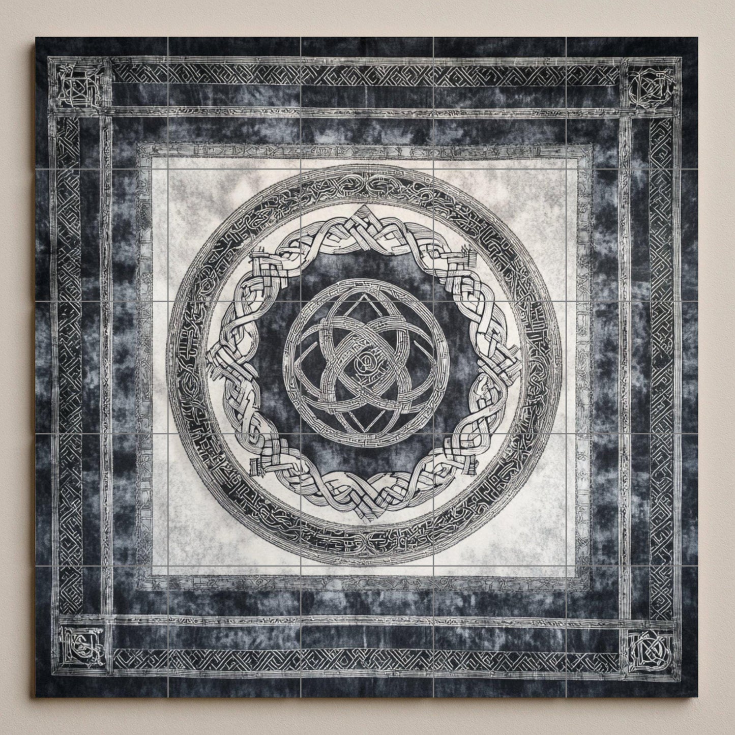 Icelandic Viking ceramic mural: artwork featuring Nordic knots and runic tiles with Nordic ring borders, Scandinavian heritage design.