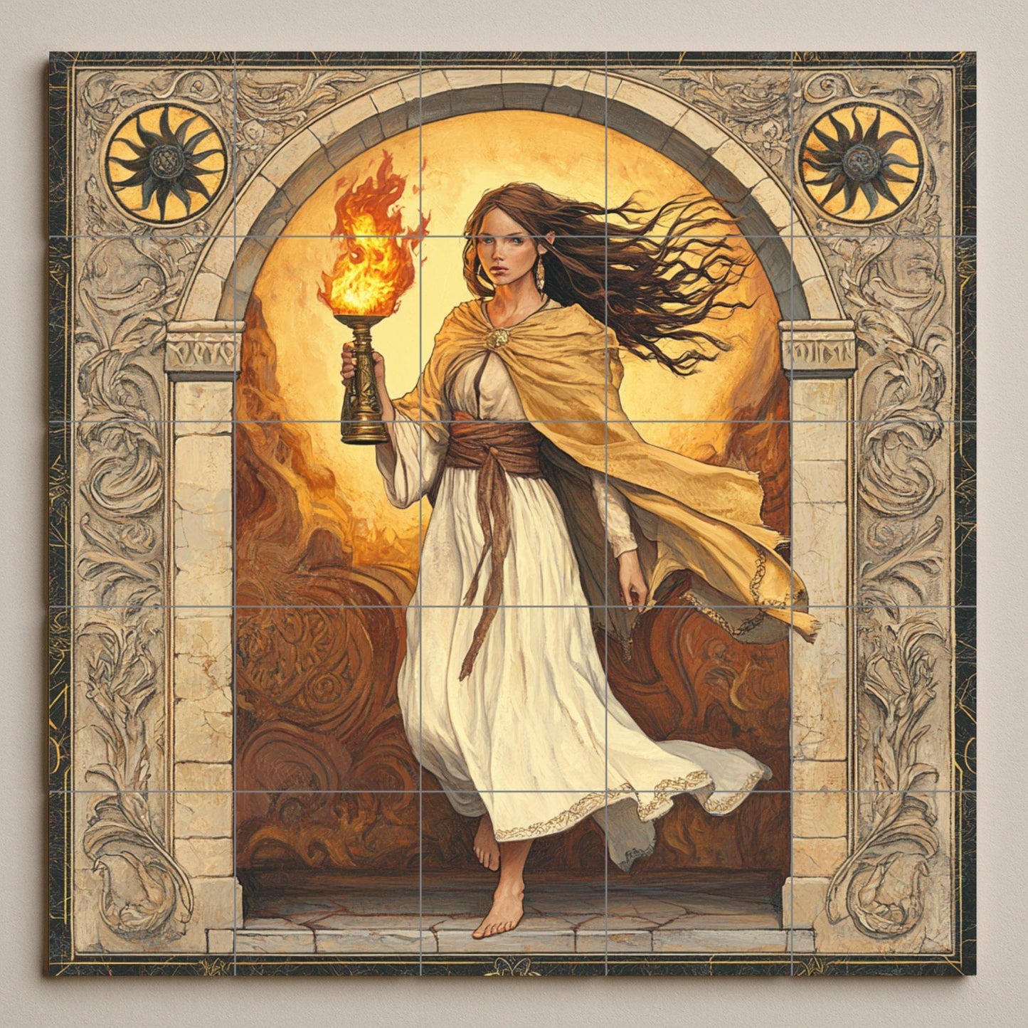 Classic ceramic mural: Woman with flame under a stone arch, of Greco-Roman inspiration, with Baroque border, artwork with tiles of mythical European elegance.