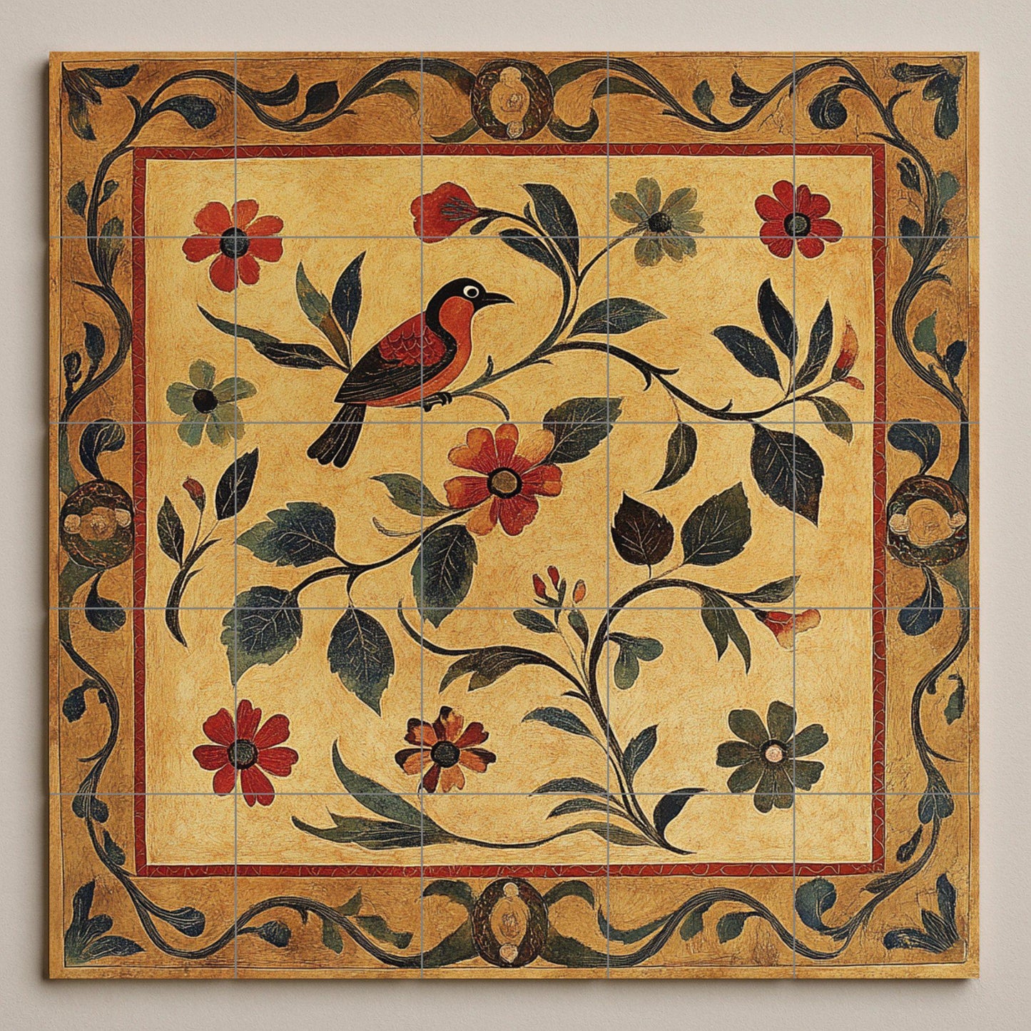 Golden ceramic mural: handcrafted artwork with floral and bird motifs, ornamental frame, warm earth tones and decorative elegance.