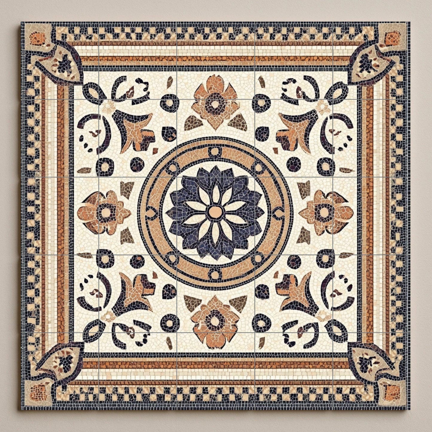 Roman mosaic ceramic mural: classic work with imperial geometric borders, floral medallion and design inspired by ancient Rome.