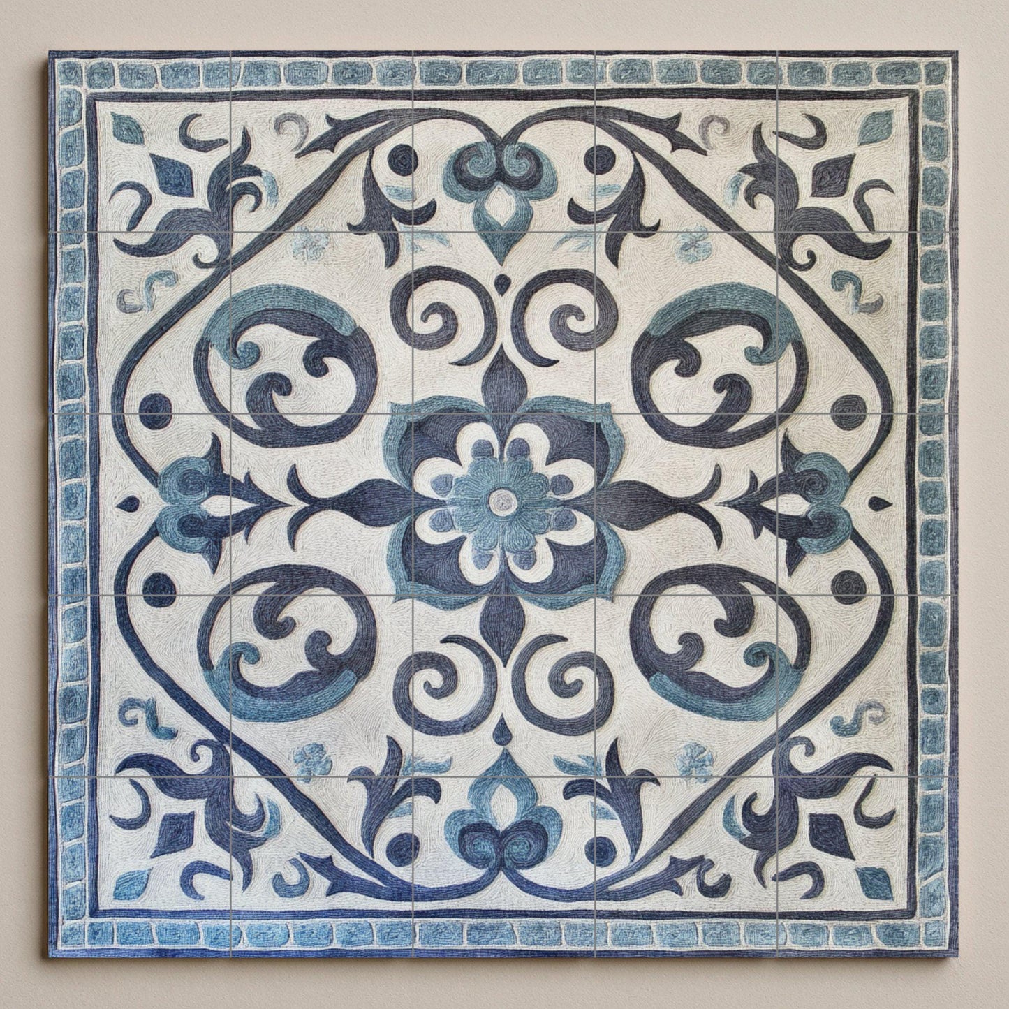 Gray and blue ceramic mural: Kazakh-inspired tile artwork featuring spiral ornamental motifs and a tribal yurt border design.