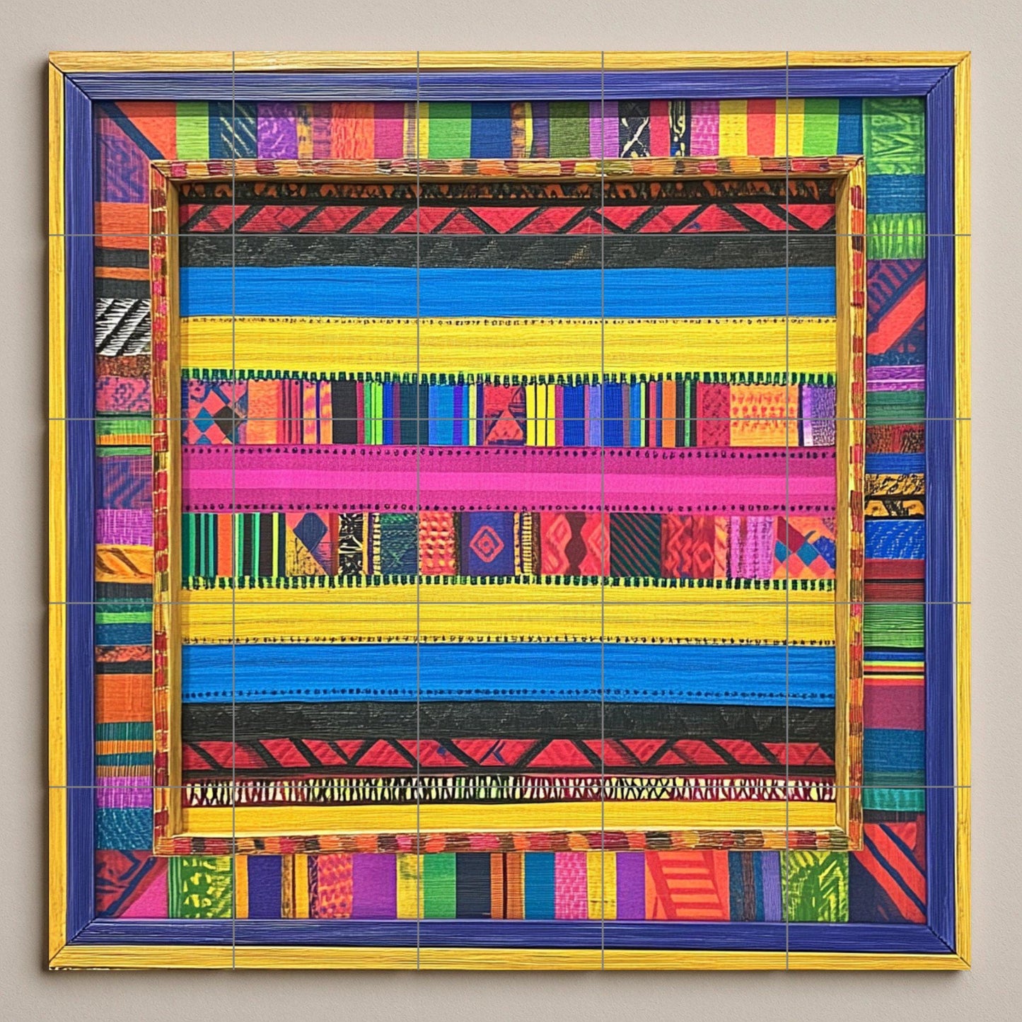 Colorful striped ceramic mural: tile artwork inspired by Kenyan kikoy style with tribal geometric accents and a vibrant textile border design.