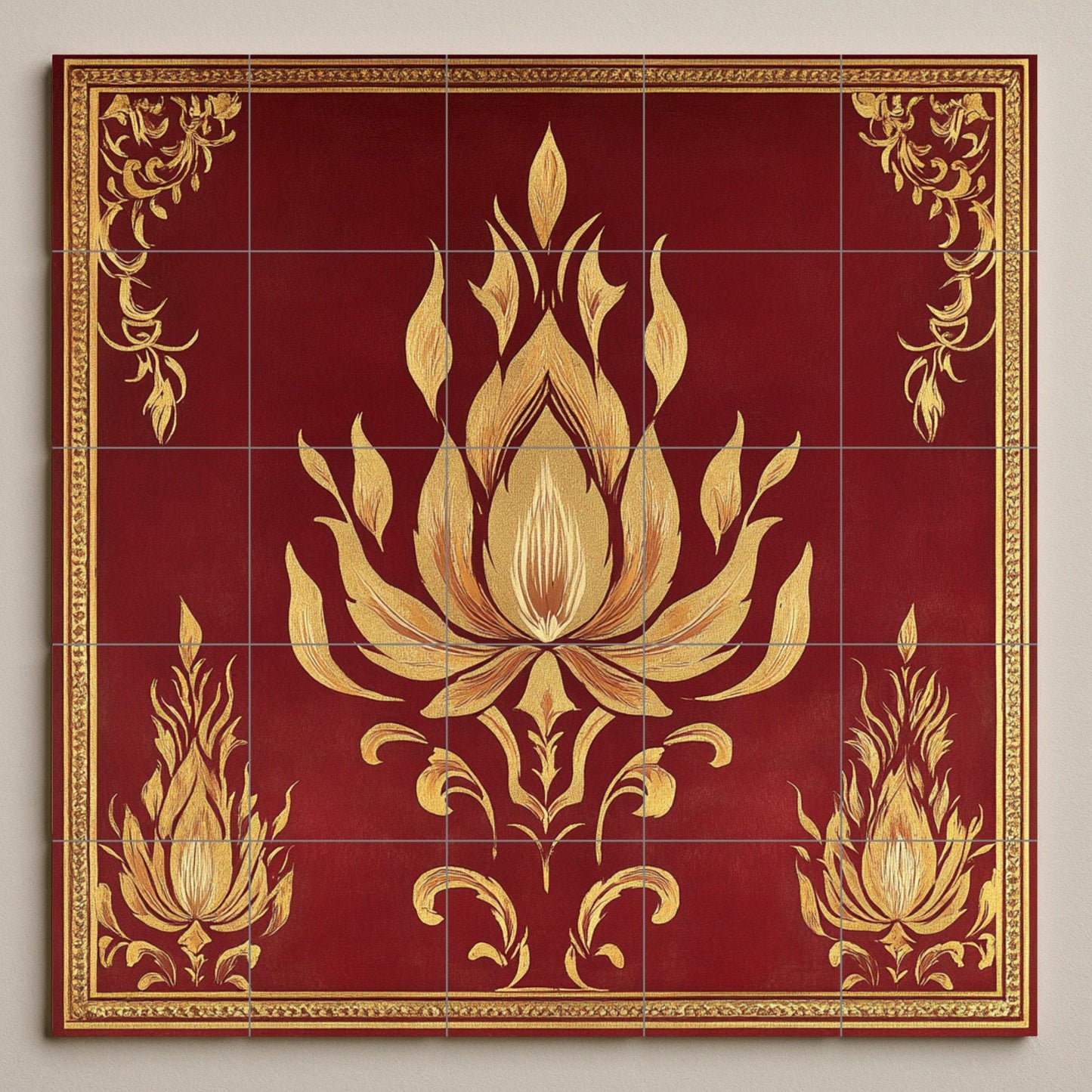 Golden Lotus Ceramic Mural: tile artwork inspired by a Khmer temple with flame motifs, maroon background and ornamental borders from Angkor.