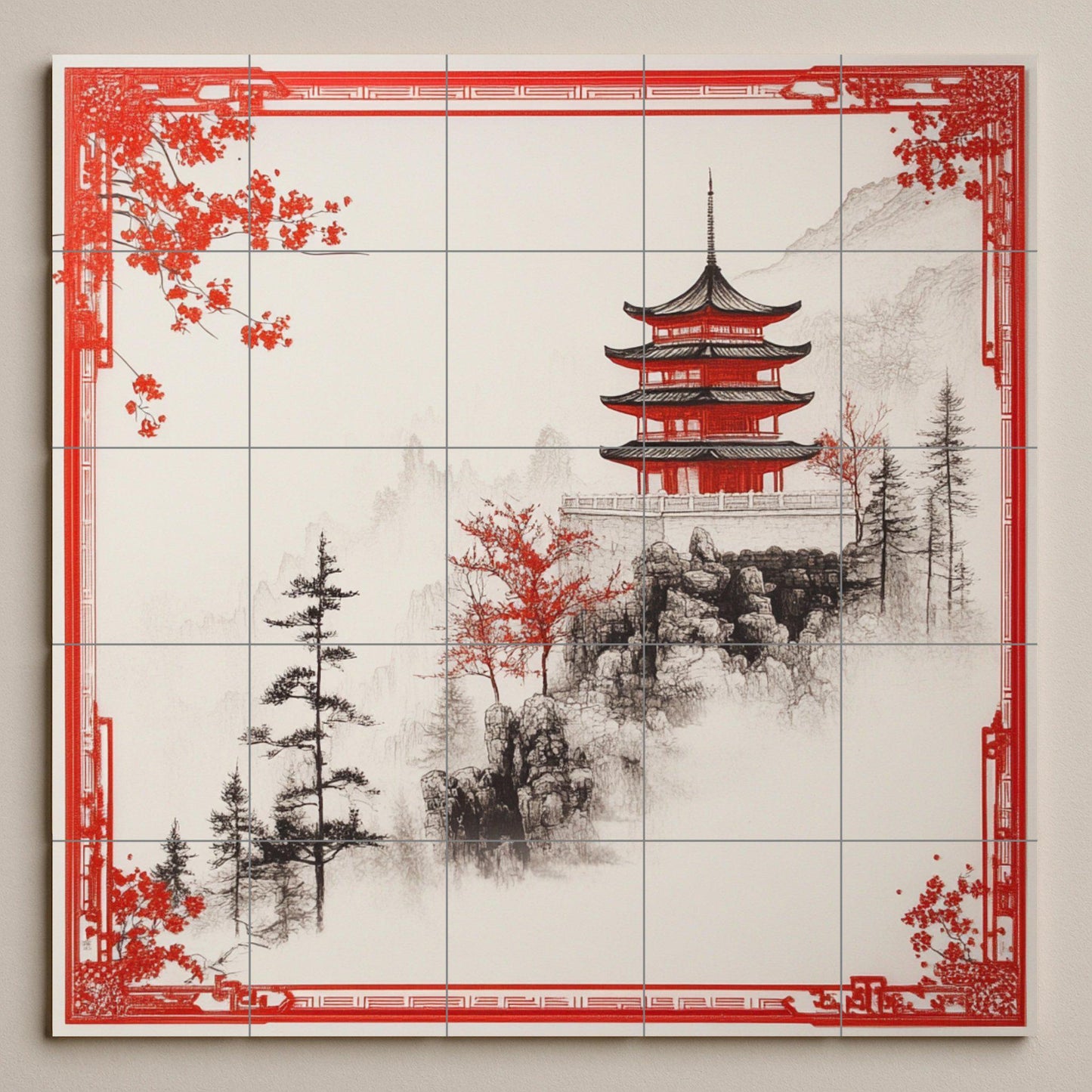 Red Pagoda ceramic mural: mountain tile artwork featuring a misty landscape, oriental pines, and elegant architectural design.