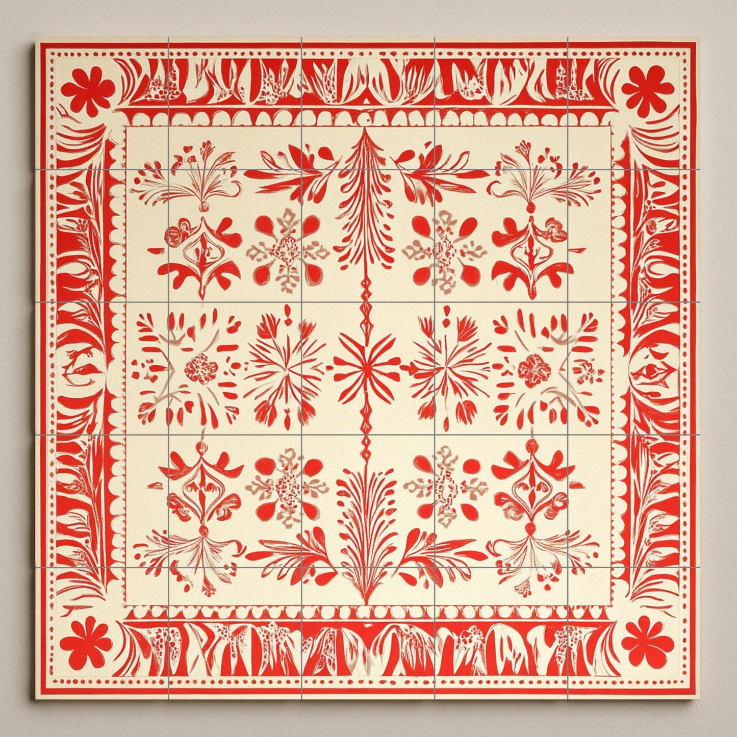 Red and white ceramic mural: Baltic folk-inspired tile artwork with Latvian Lielvārde sash motifs and ornamental textile borders.