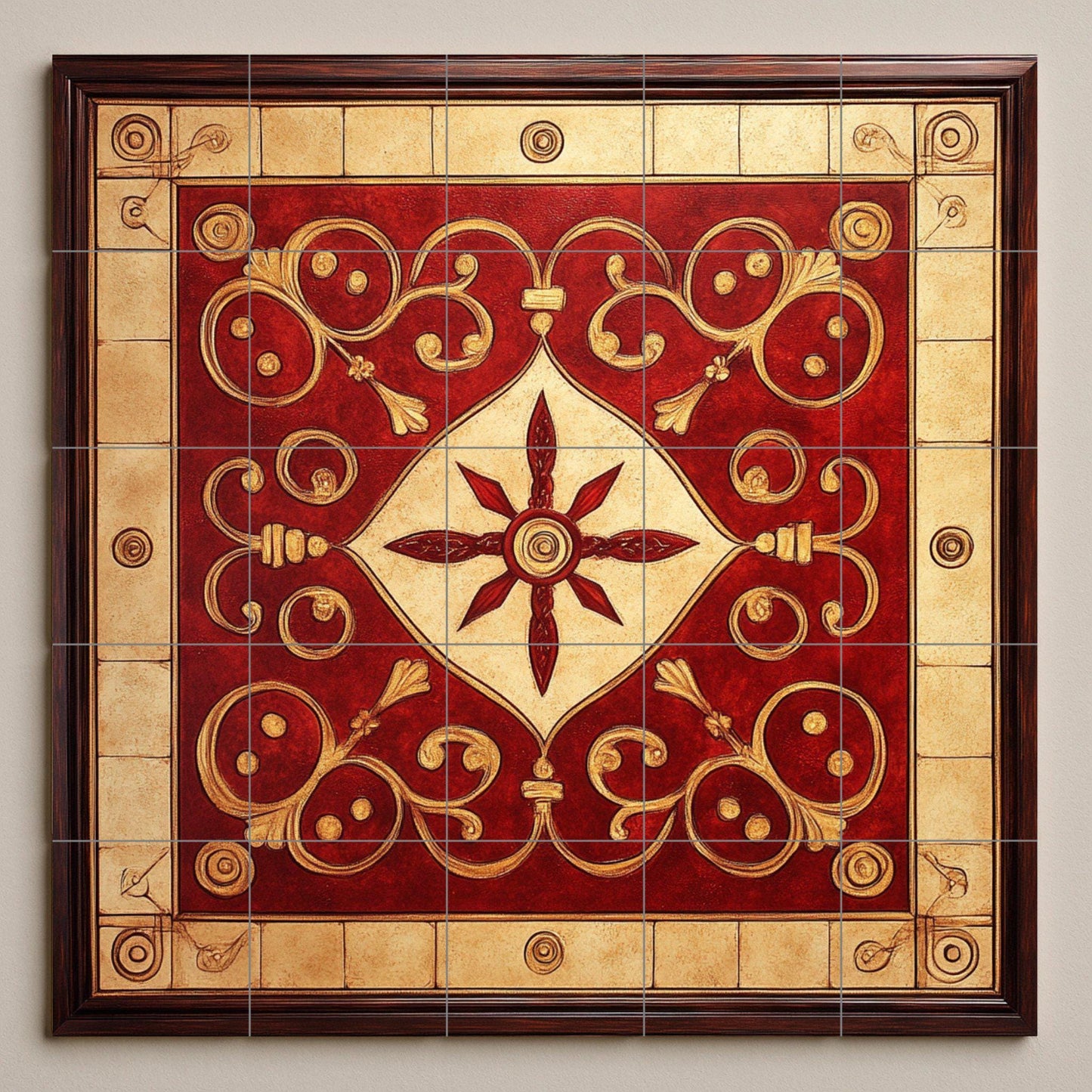 Red and gold ornamental ceramic mural: intricate spiral work, majestic geometric center, elegant decorative tile artwork.