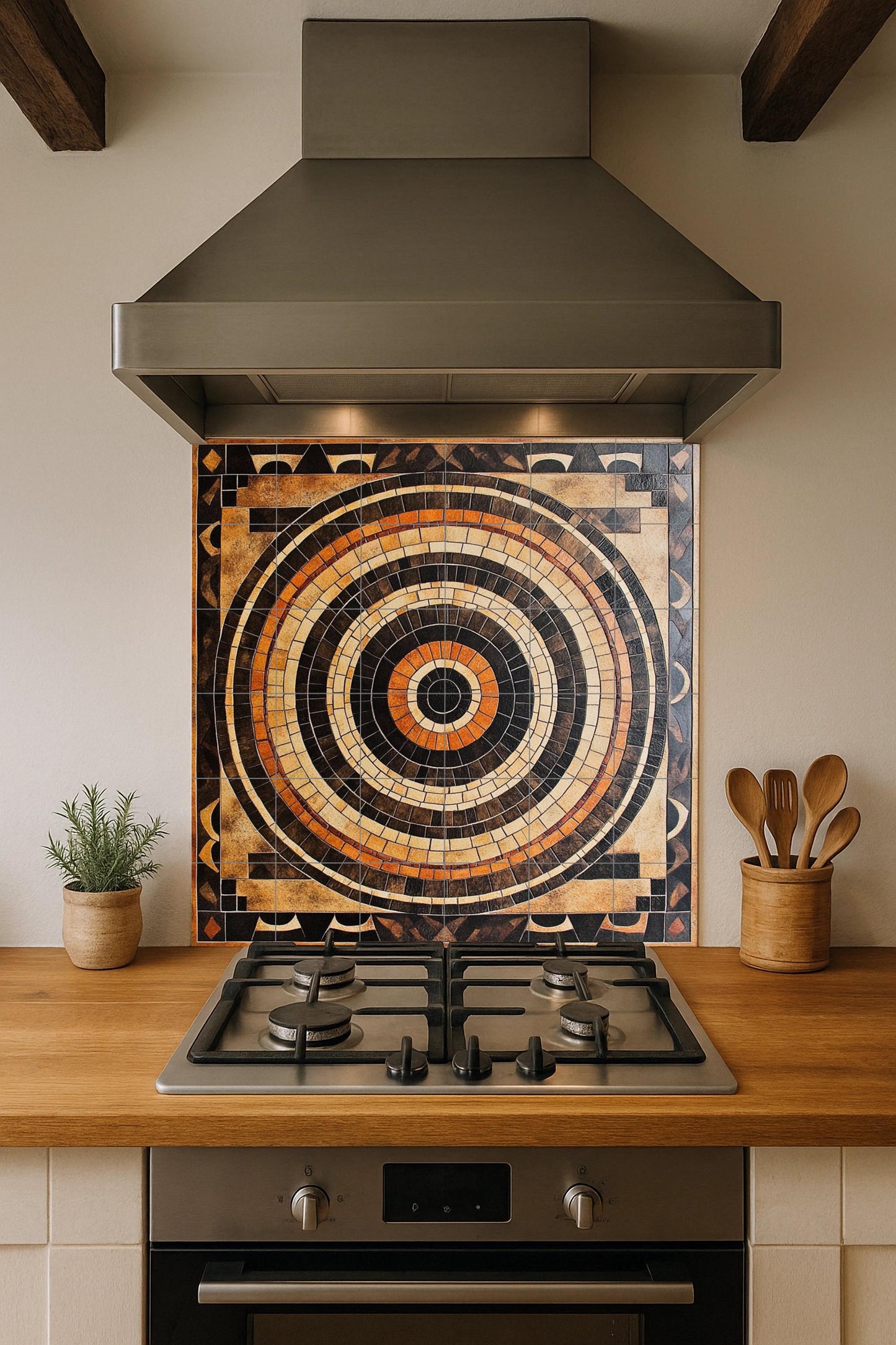 Ceramic mosaic-style mural: concentric tile art in earth tones, geometric wall panel, decorative architectural design