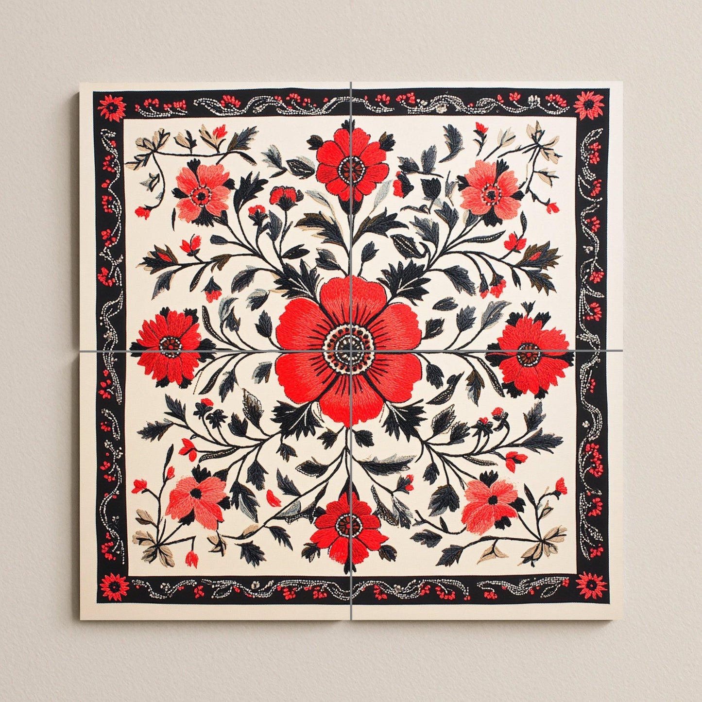 Ceramic mural with Ukrainian embroidery: floral art on red and black tiles with folk stitch border, traditional Slavic heritage mural decoration.