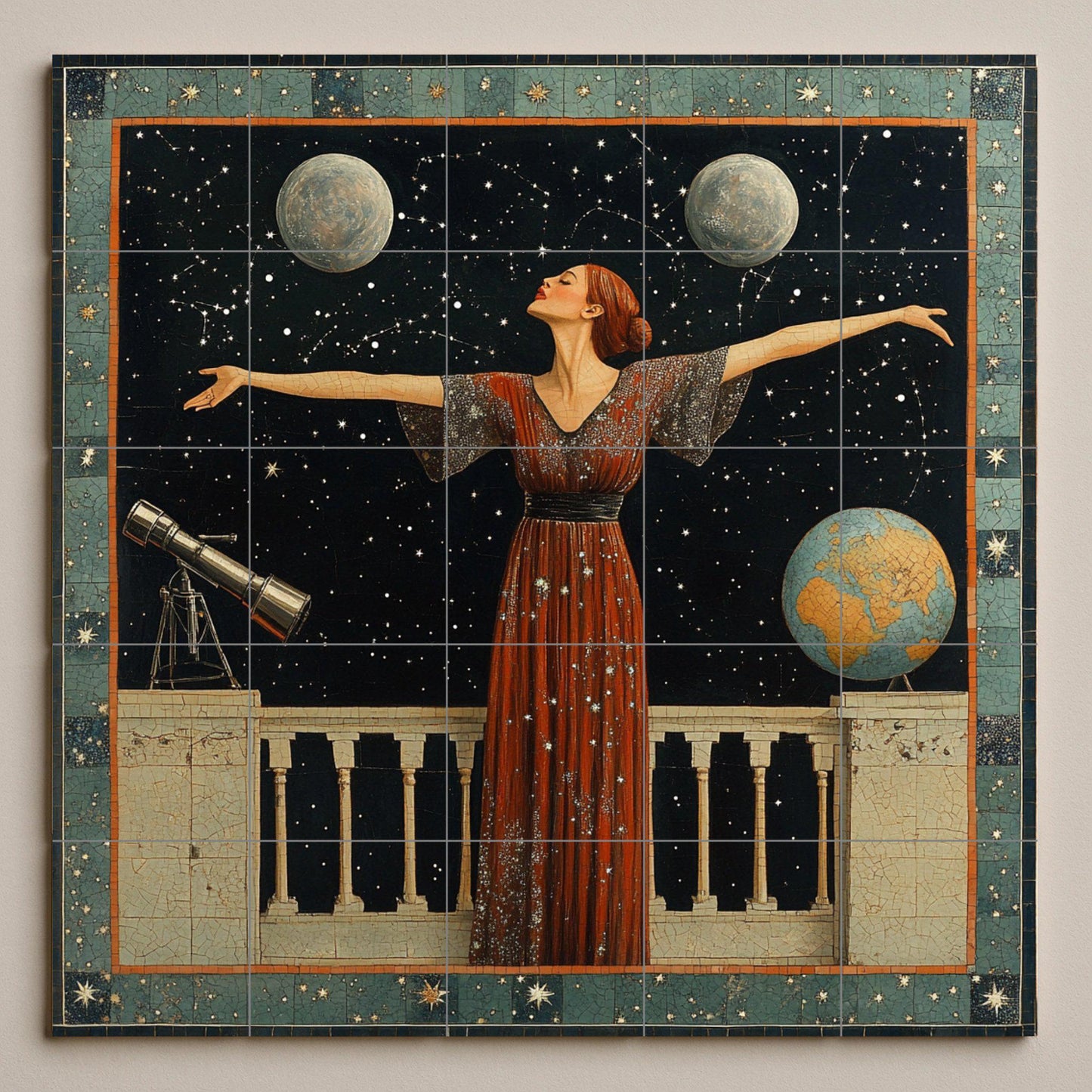 Astronomical ceramic mural: mosaic of a celestial woman with stars, moons, telescope, globe and cosmic night sky.