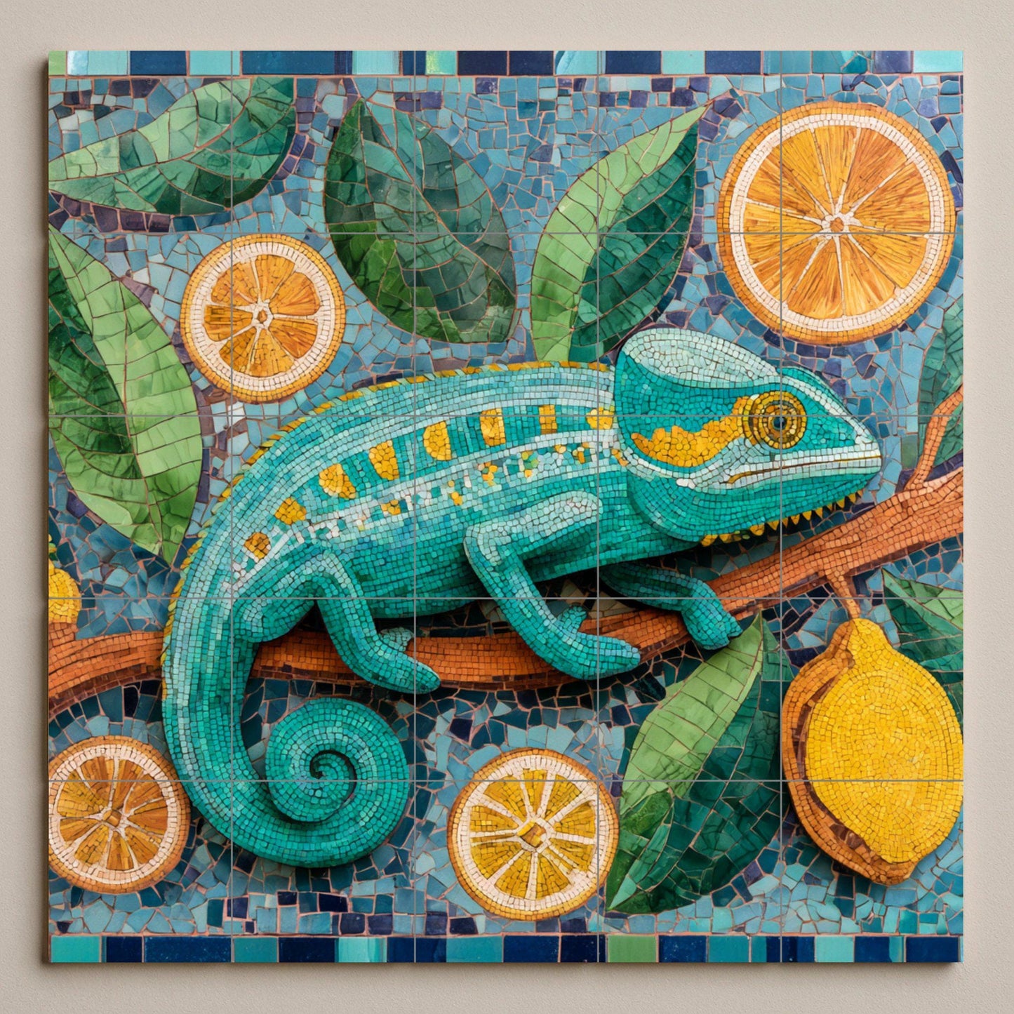 Chameleon mosaic ceramic mural: Exotic reptile artwork featuring citrus oranges, lemons, botanical leaves, and colorful tile designs.