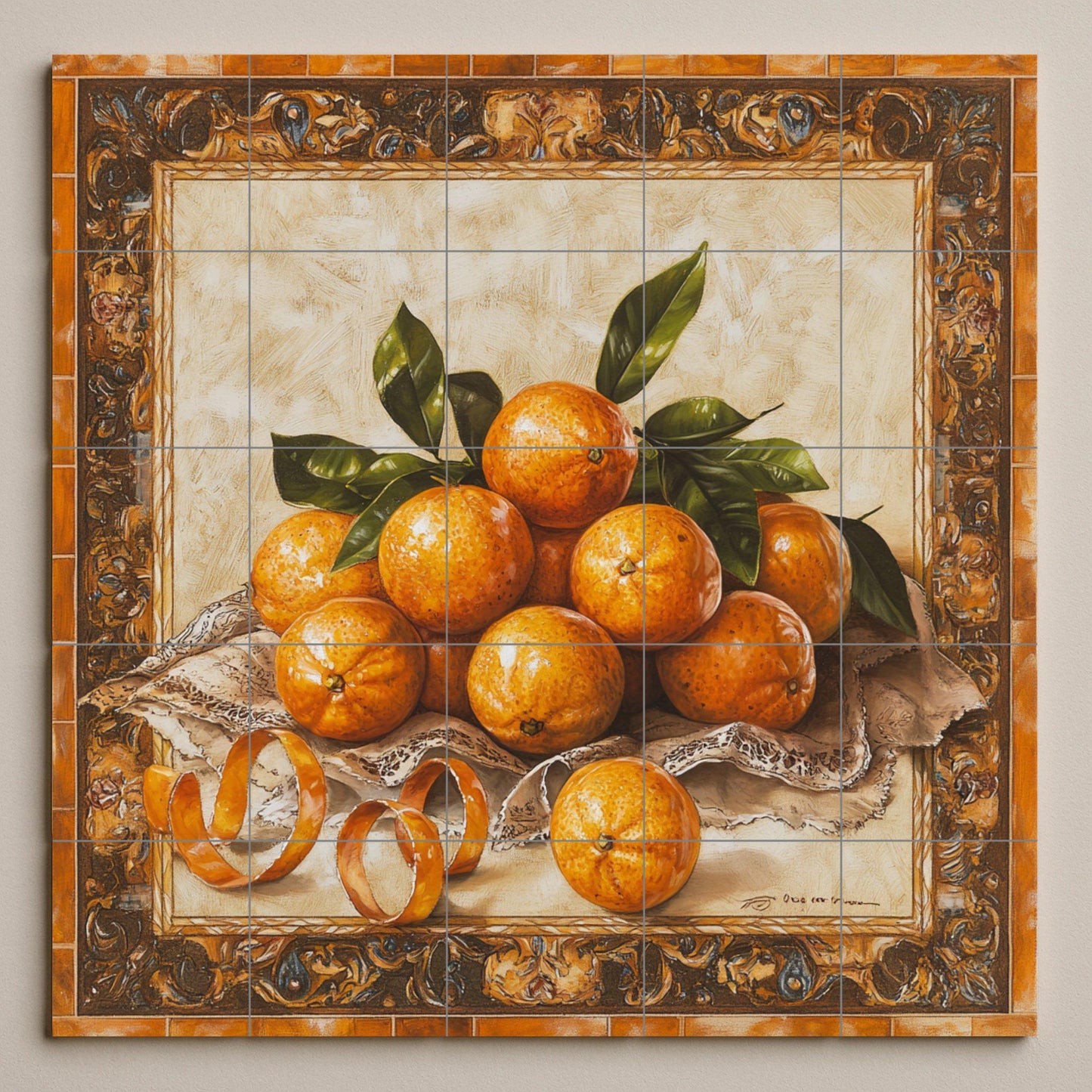 Ceramic tile mural with oranges, curled peels, lace fabric and decorative wall art panel with fruit still life and ornate baroque border.