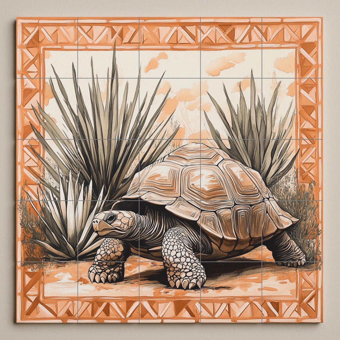 Desert tortoise ceramic tile mural with agave plants, geometric terracotta border, Southwest wildlife wall art, handmade rustic panel