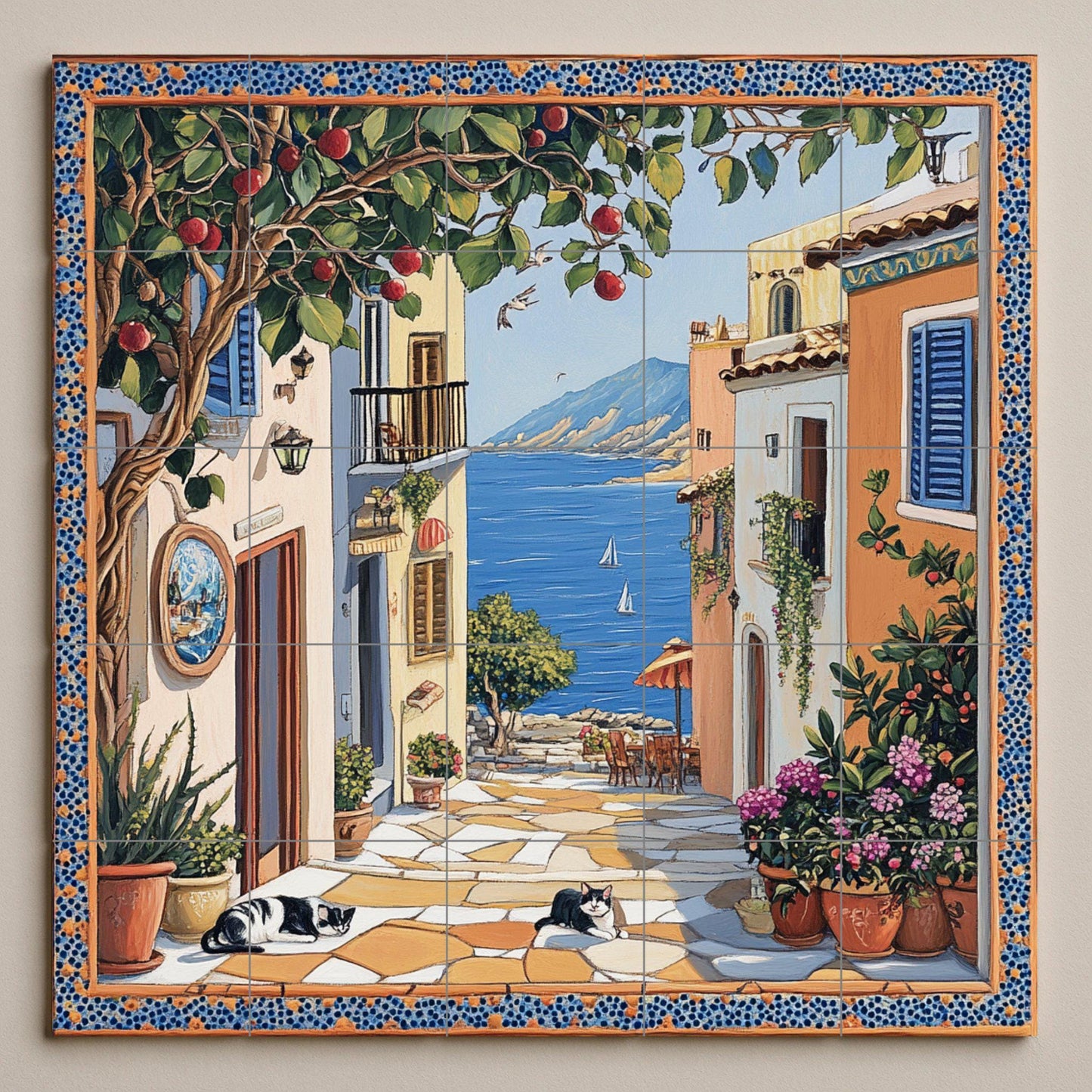 Ceramic tile mural with street scene of a coastal town, fruit tree, flower pots, houses by the sea and black and white cats resting on the pavement.