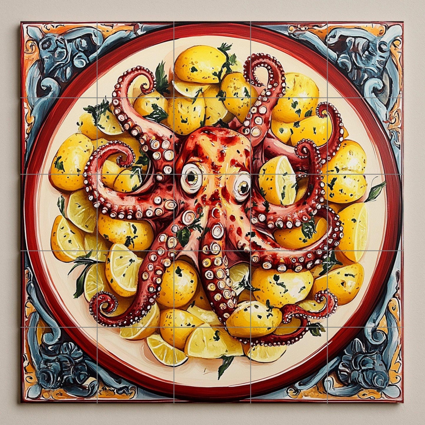 Ceramic tile mural with Galician-style octopus with potatoes and lemons, decorative seafood dish.