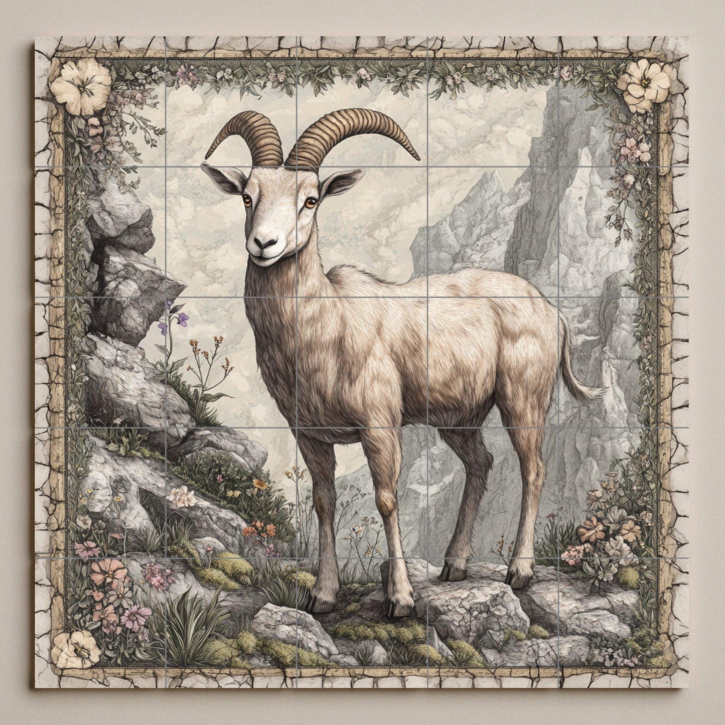 Ceramic tile mural featuring a mountain goat on a rocky cliff, alpine wildlife art panel with detailed horns, floral stone border, rustic wall mural