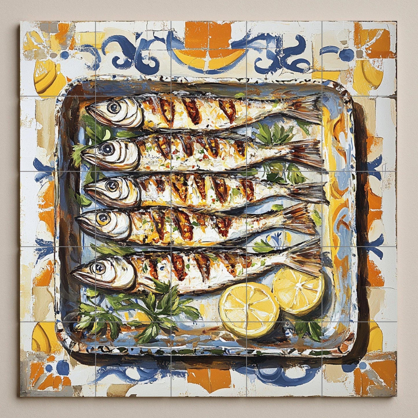 Ceramic tile mural of sardines from Malaga with Andalusian maritime tradition, grilled fish with lemons, decorative Spanish Mediterranean tapas