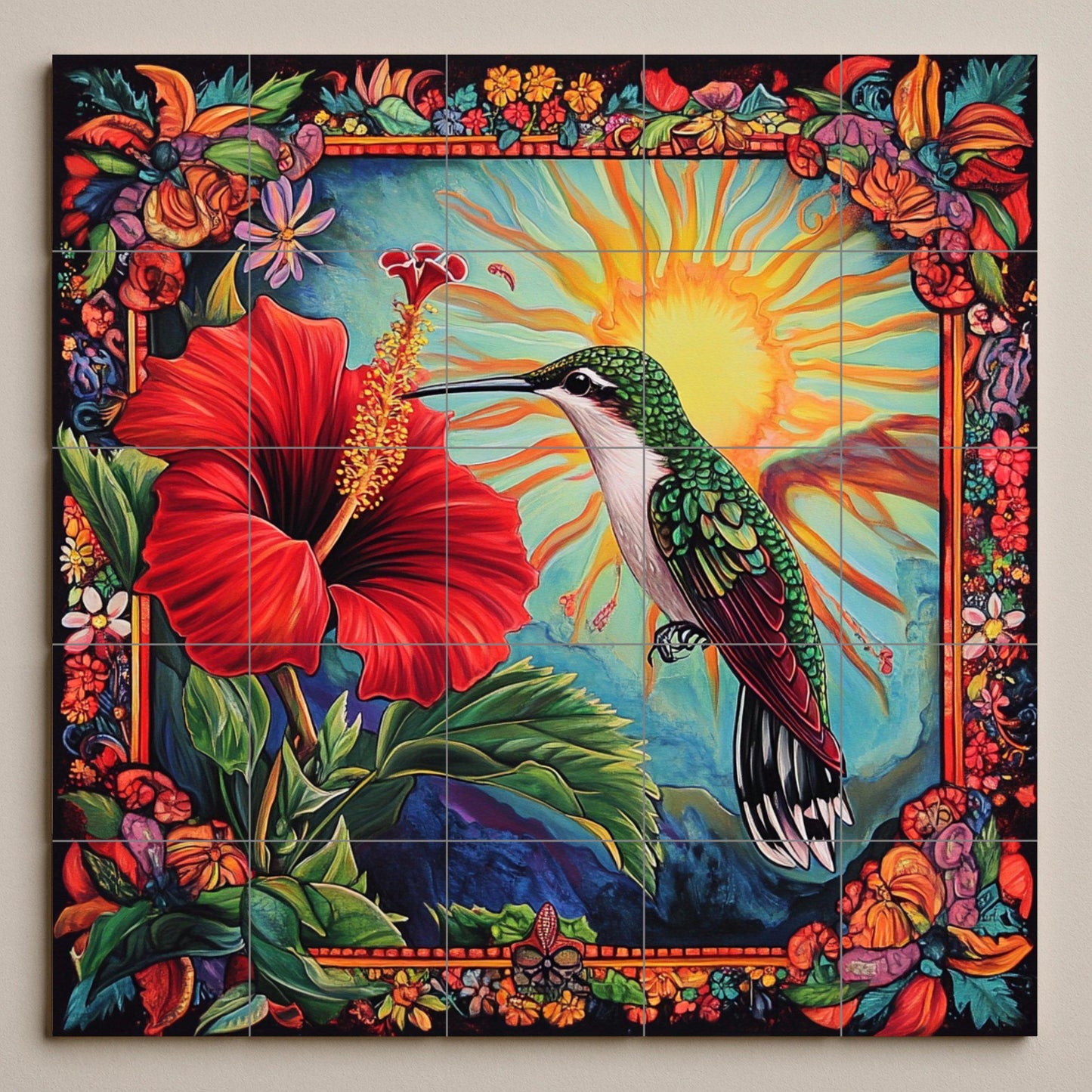 Caribbean hummingbird ceramic wall mural with hibiscus flower, radiant sun and lush floral frame, tropical island inspired tile panel.