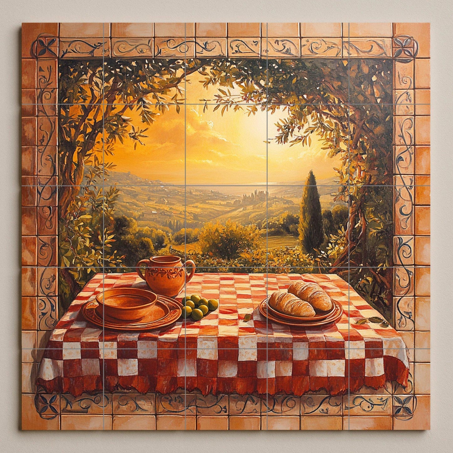 Chianti vineyard ceramic tile mural with rolling Tuscan hills, sunset trattoria table, farmhouse rustic style kitchen backsplash wall panel