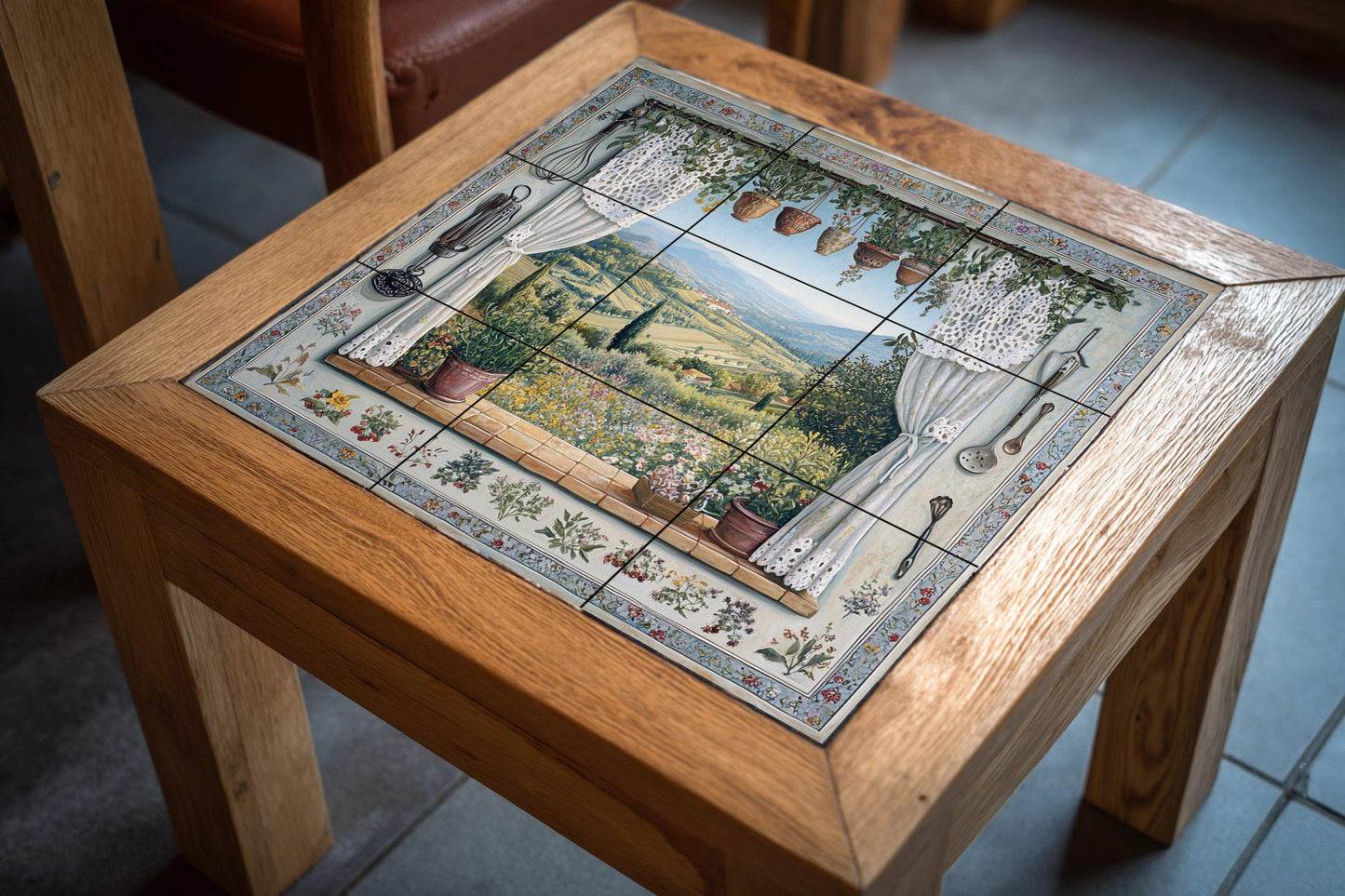 Ceramic tile mural overlooking the Tuscan countryside and vineyard hills, rustic Provençal kitchen backsplash, Mediterranean rustic style villa