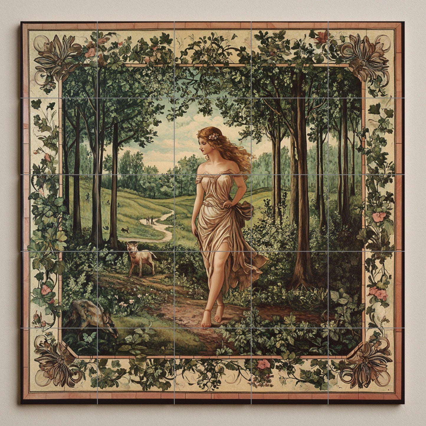 Ceramic tile mural of a mythological forest goddess with pastoral allegory, panel with Arcadian woodland landscape, Pre-Raphaelite decorative mural art