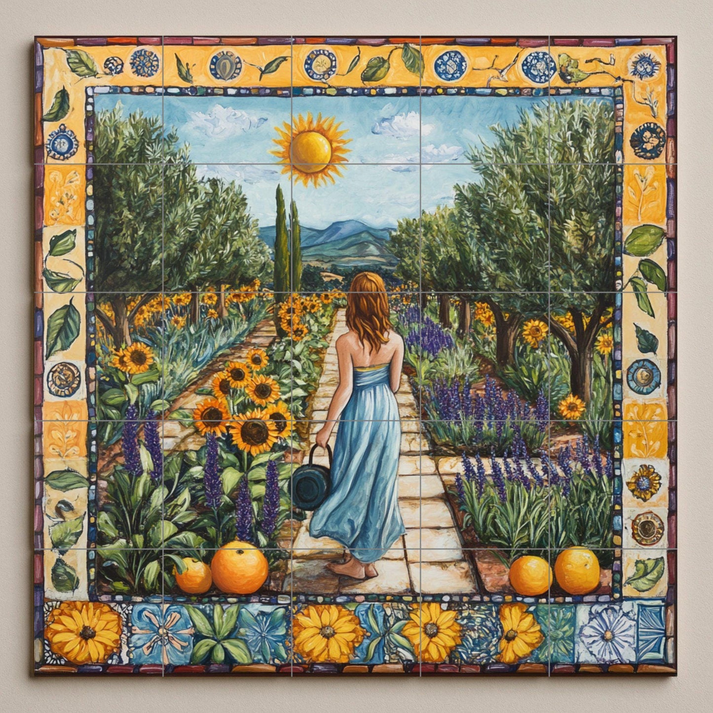 Mural of Tuscan ceramic tiles from Val d'Orcia with lavender terraces, sunflower meadows, cypress road landscape and rustic Italian farmhouse splashback.