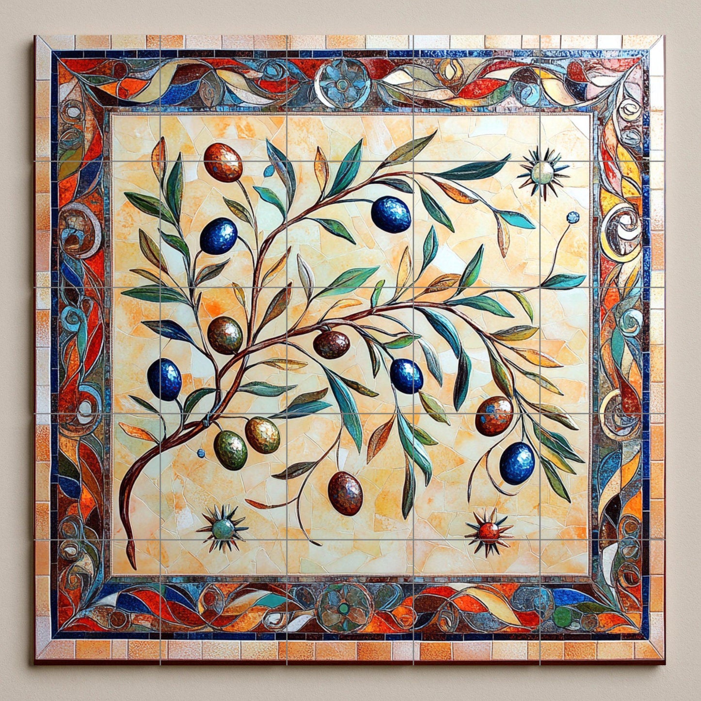 Mediterranean ceramic olive tree wall mural with hand-drawn colorful branches, artistic decorative tile panel for kitchen backsplash