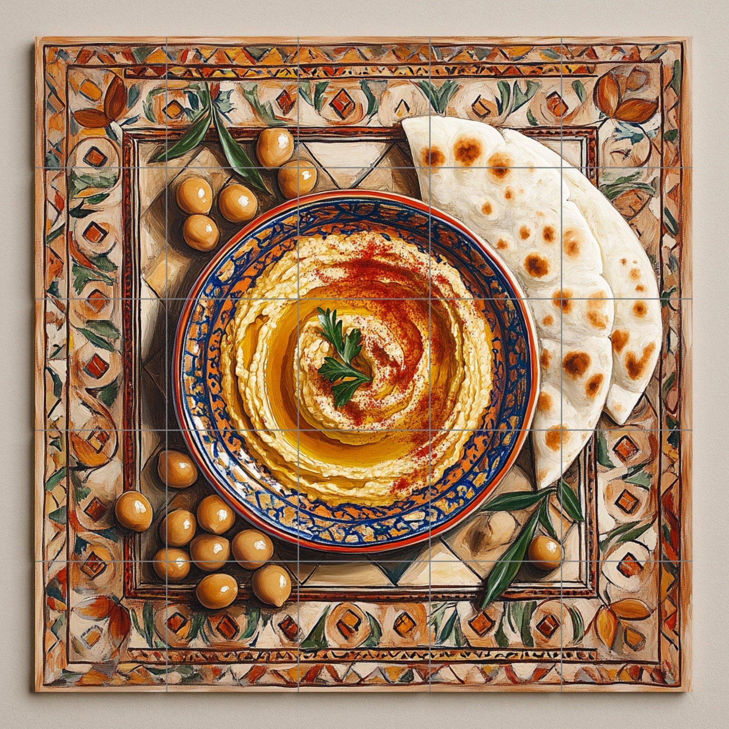 Middle Eastern ceramic tile mural / Hummus and pita bread with chickpeas and olives / Wall art for Mediterranean kitchen