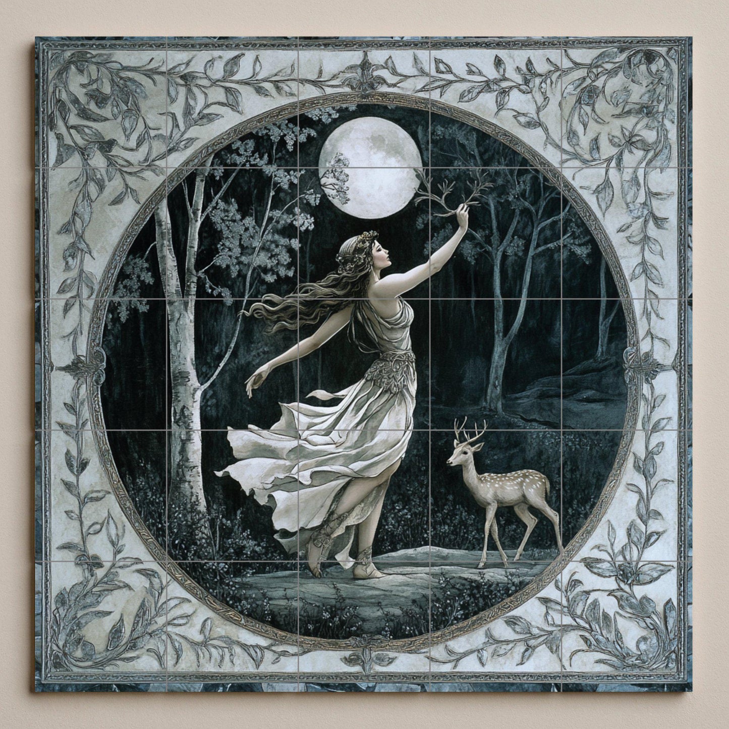 Ceramic tile mural of the Mystic Goddess of the Moon / Enchanted Forest with Deer / Mythical wall art decorative panel