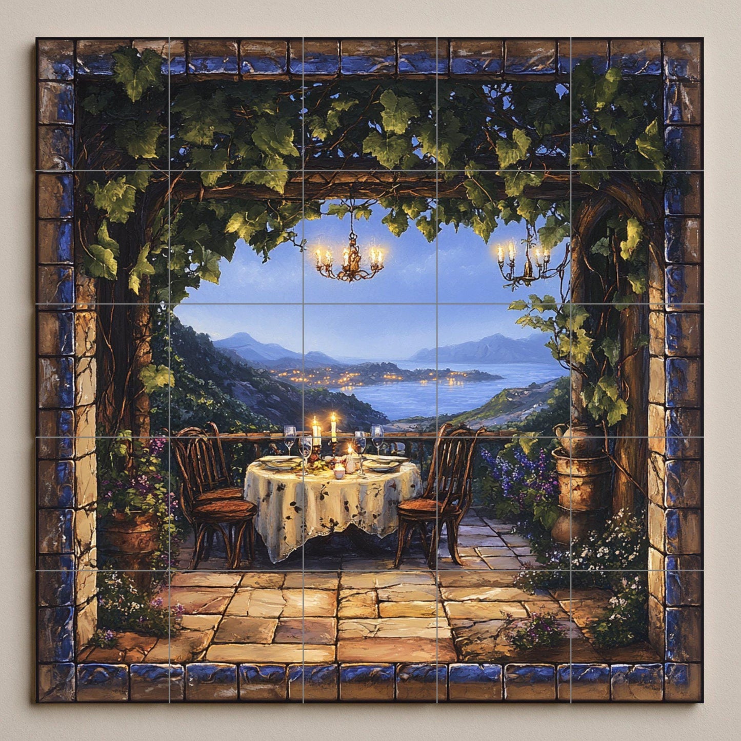 Ceramic tile mural with romantic terrace / Candlelit dinner under the vines overlooking the coast / Mediterranean decorative panel for patio
