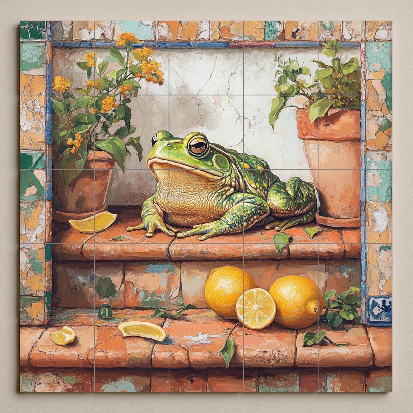 Ceramic tile mural with rustic frog design / Green frog with lemons and potted plants / Decorative panel for Mediterranean patio