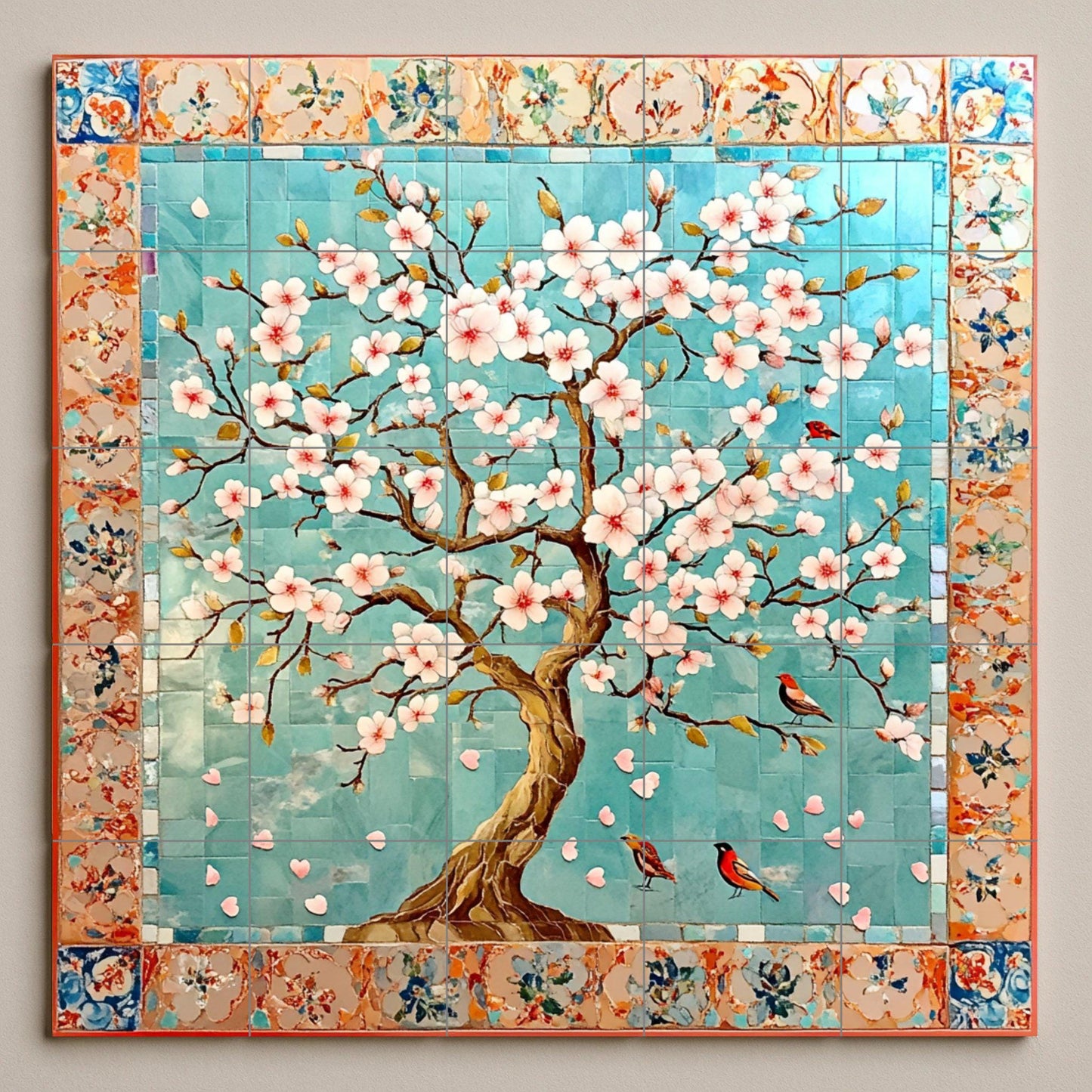 Ceramic tile mural with cherry blossoms / Decorative panel with oriental flowering tree and birds / Japanese inspiration