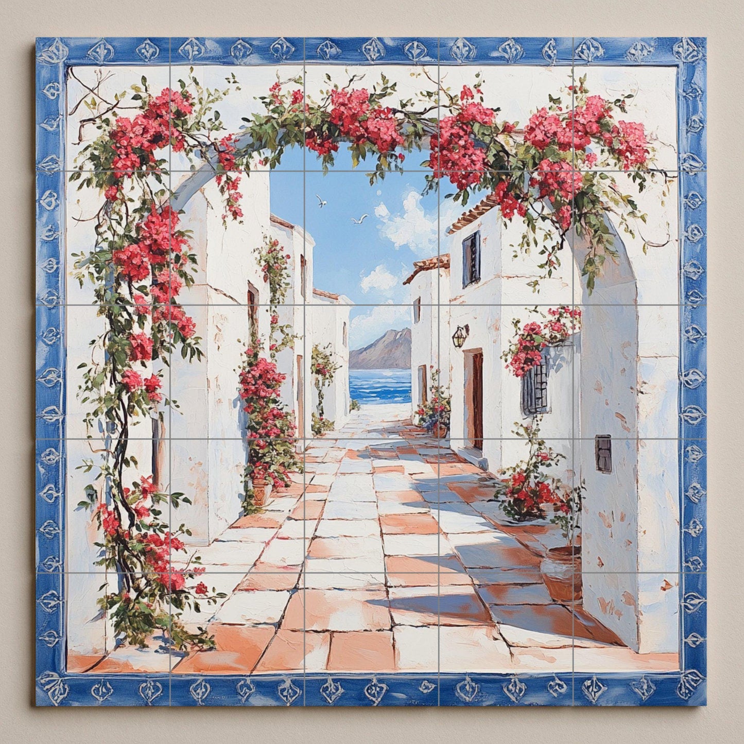 Ceramic tile mural of a Mediterranean coastal village / White coastal houses with bougainvillea / Greek island kitchen backsplash decoration