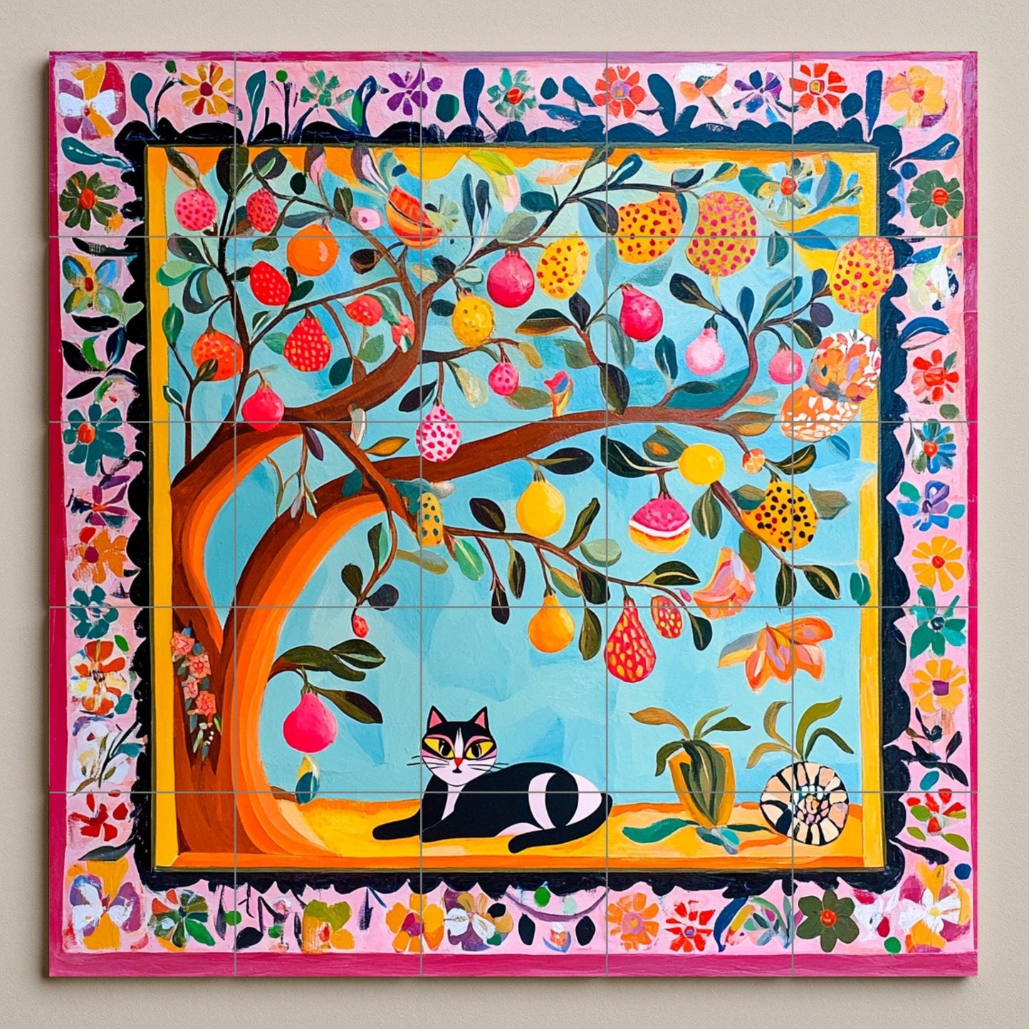 Colorful folk art ceramic tile mural / Vibrant fruit tree with cat and floral border / Mexican-inspired decor