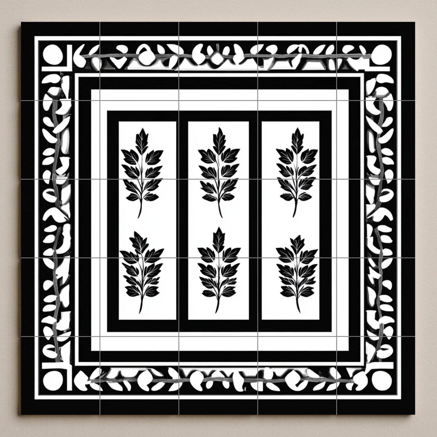 Black and white Greek ceramic tile mural / Classic decorative panel of laurel leaves with geometric borders for kitchen backsplash