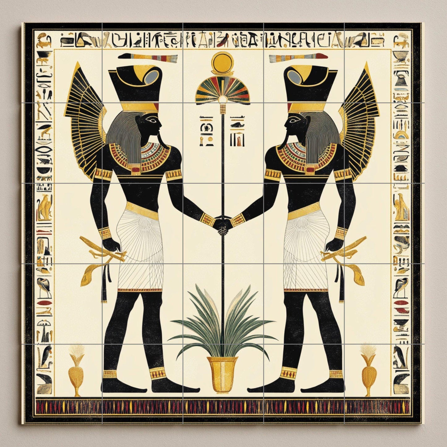 Ancient Egyptian ceramic tile mural / Decorative panel with pharaohs and hieroglyphs / Kitchen backsplash featuring the historical culture of the Nile