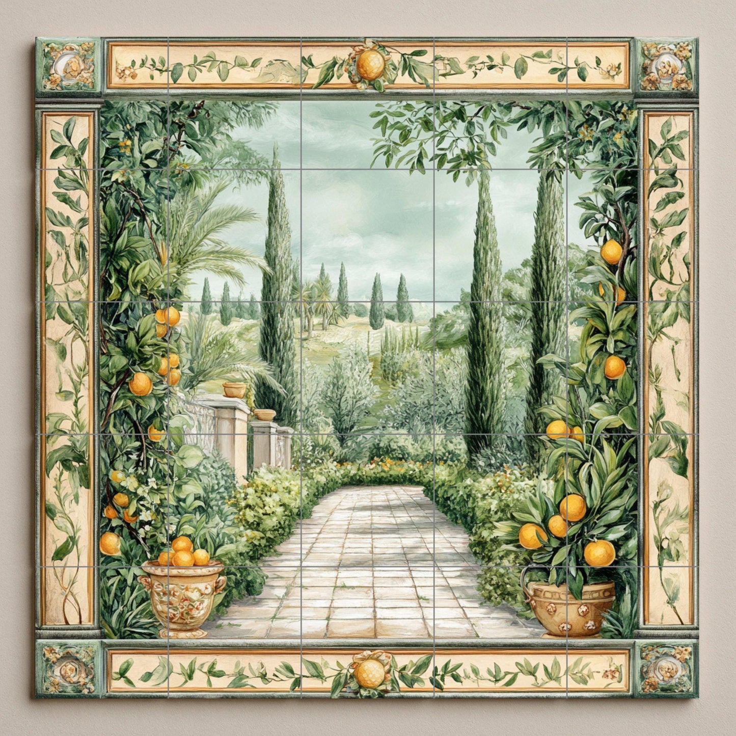 Mediterranean garden ceramic wall mural with orange trees and cypress path, Tuscan countryside tile art, handmade rustic orchard decor