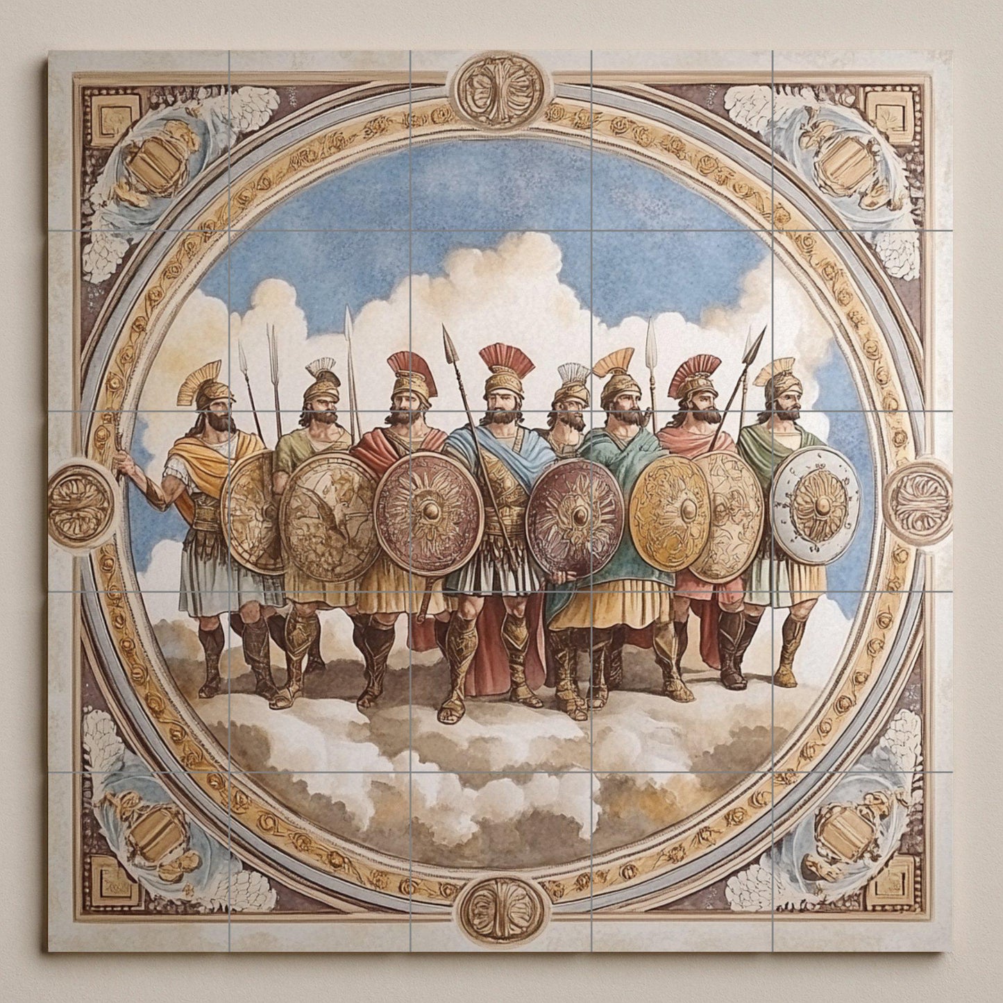 Ceramic wall mural of ancient warriors with Roman soldiers and shields, classic battle tile art, handmade historical cultural decoration