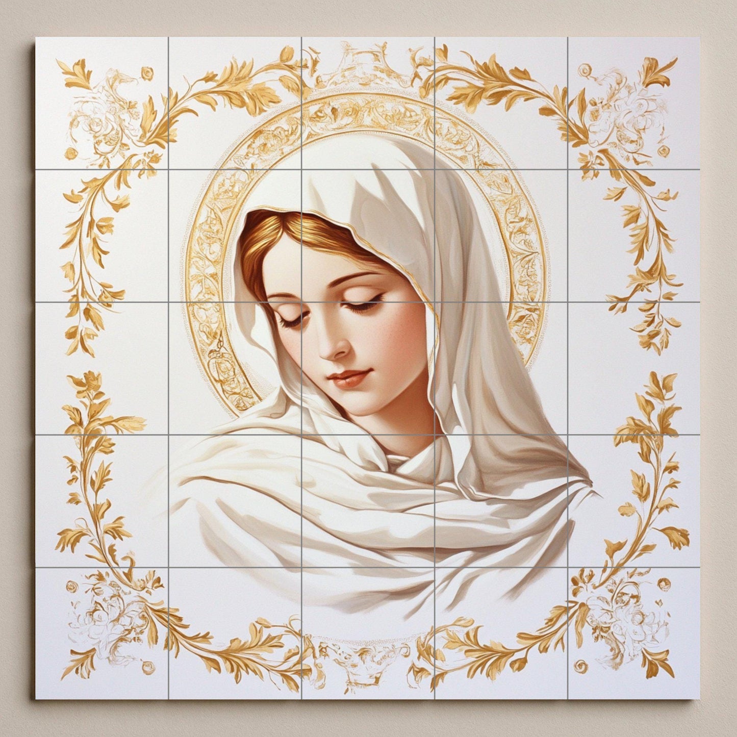 Ceramic wall mural of the Virgin Mary with a golden halo and floral ornaments, sacred religious tile art, handmade Christian spiritual decoration
