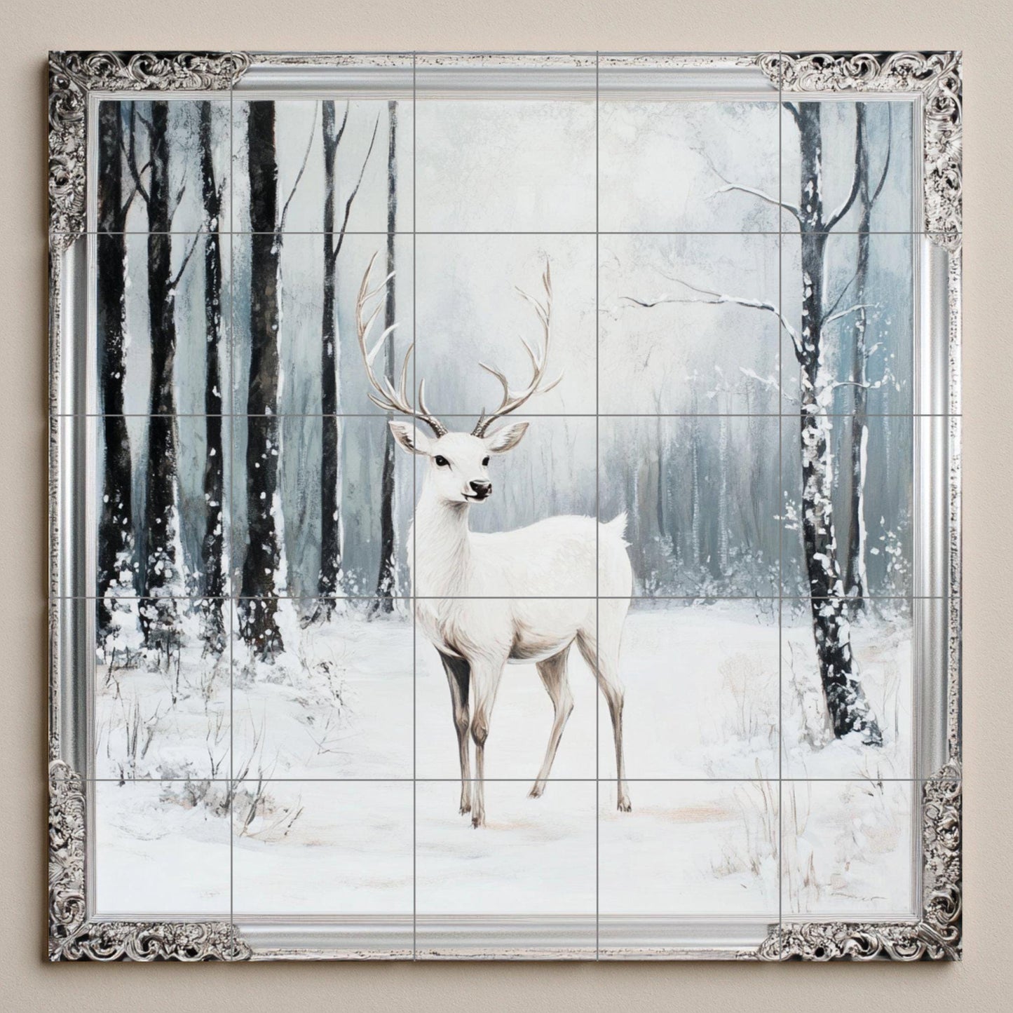 White deer ceramic wall mural with snowy forest scene and ornate silver border, winter wildlife tile art, handmade forest decor