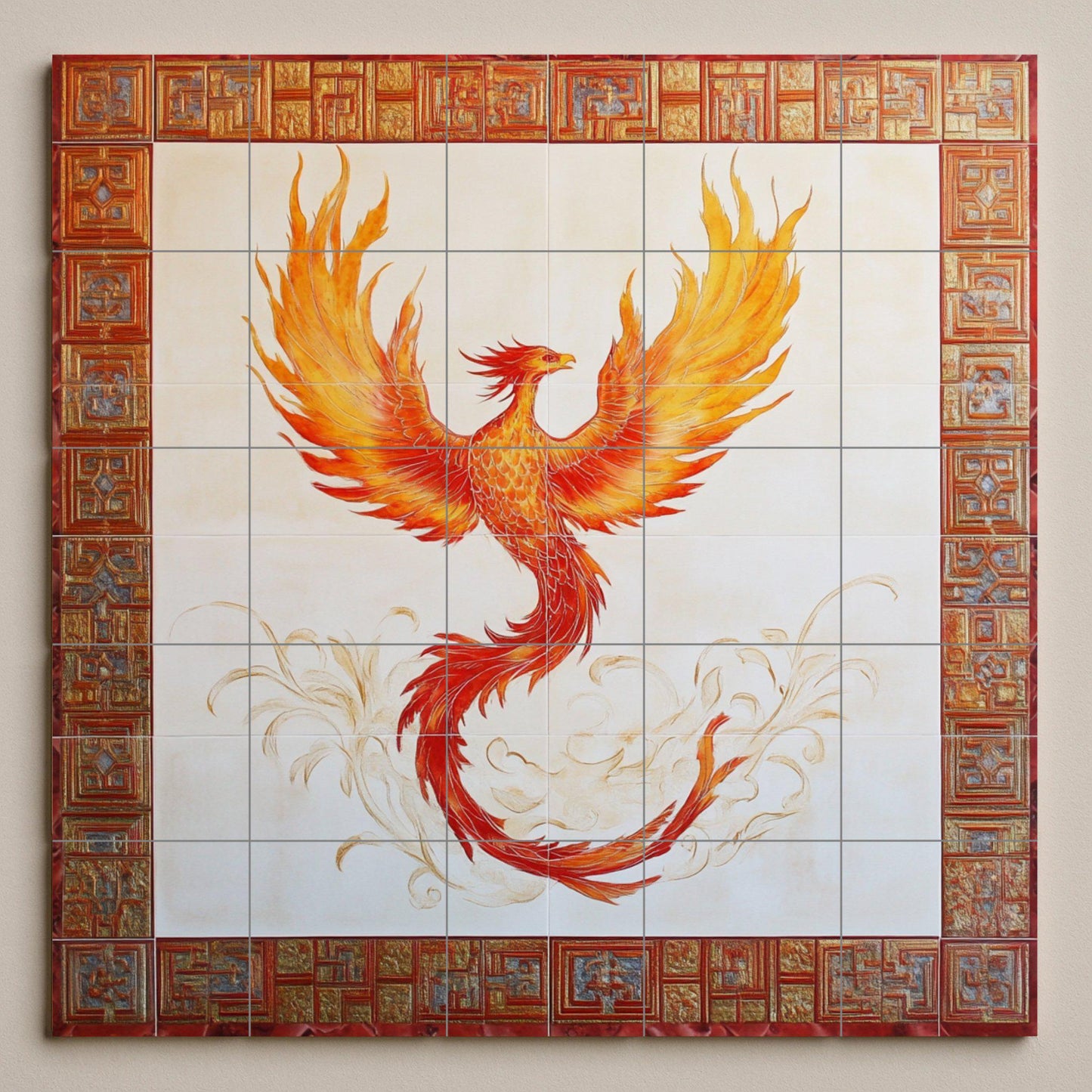 Ceramic wall mural of a phoenix with a fiery mythological bird and red ornamental border, legendary renaissance tile art, handmade cultural decoration