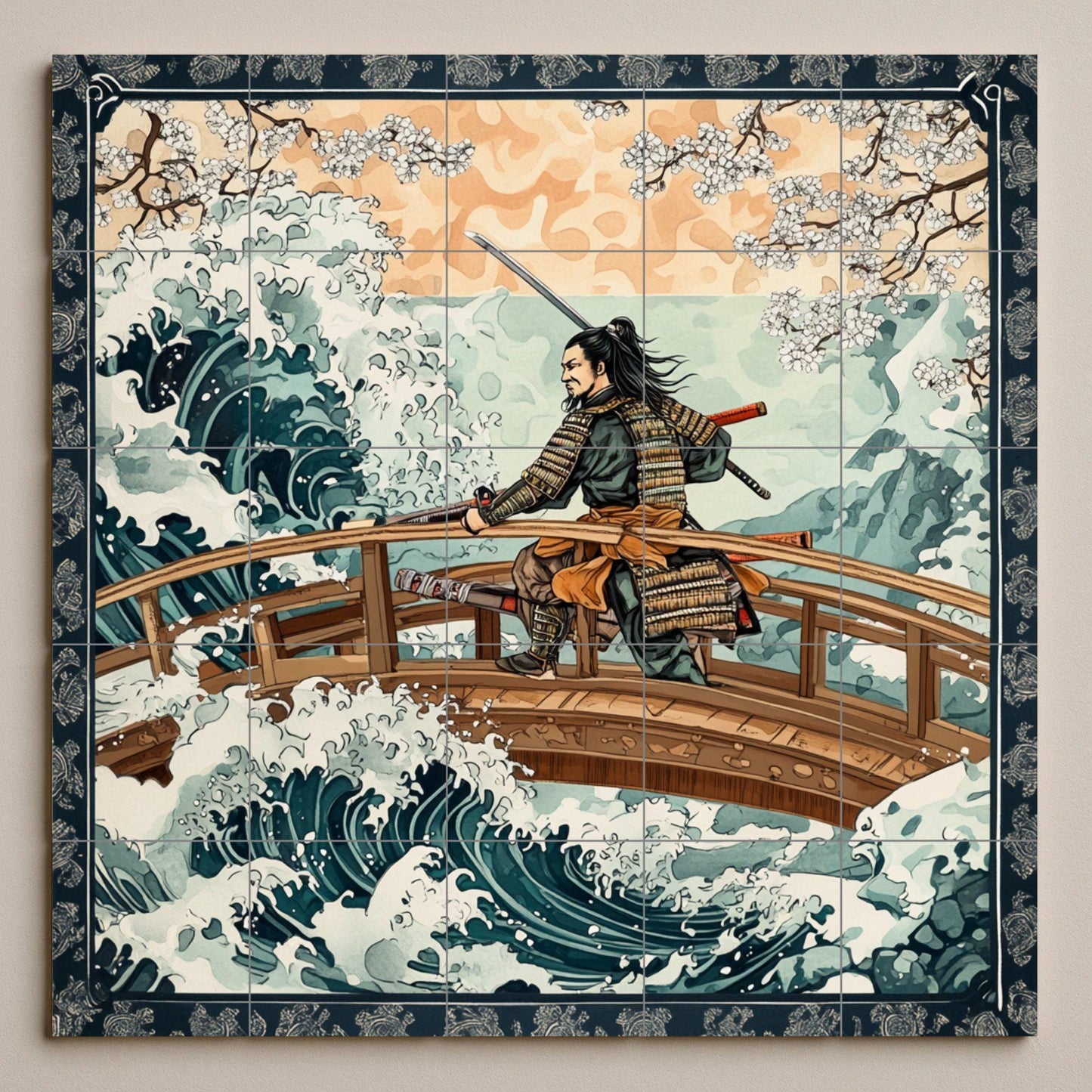 Ceramic wall mural of a samurai warrior with Japanese waves and cherry blossoms, traditional Japanese tile art, handmade cultural oriental decoration