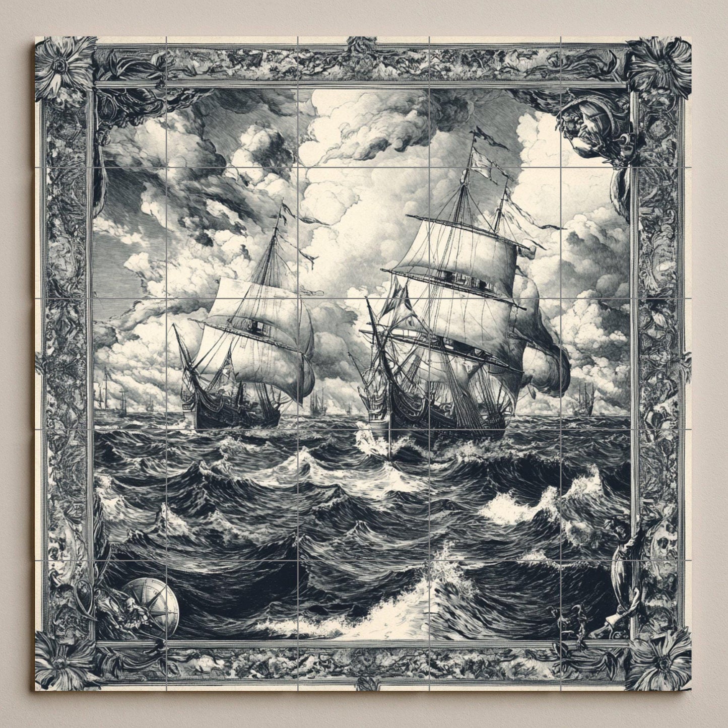 Nautical sailboat ceramic wall mural with stormy waves, vintage sailboat tile art, handmade maritime ocean decor