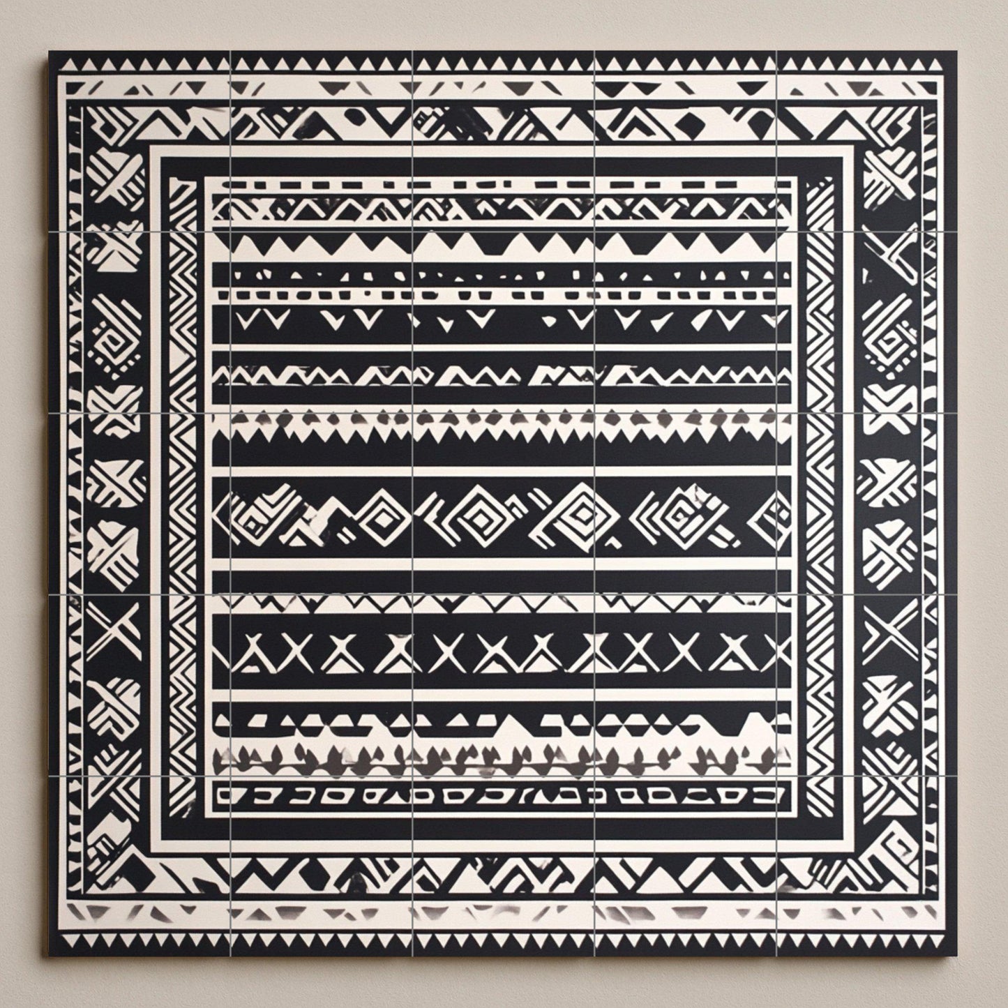 Mapuche ceramic mural: Monochromatic geometric art with indigenous textile motifs, black and white wall panel, ancestral pattern design.