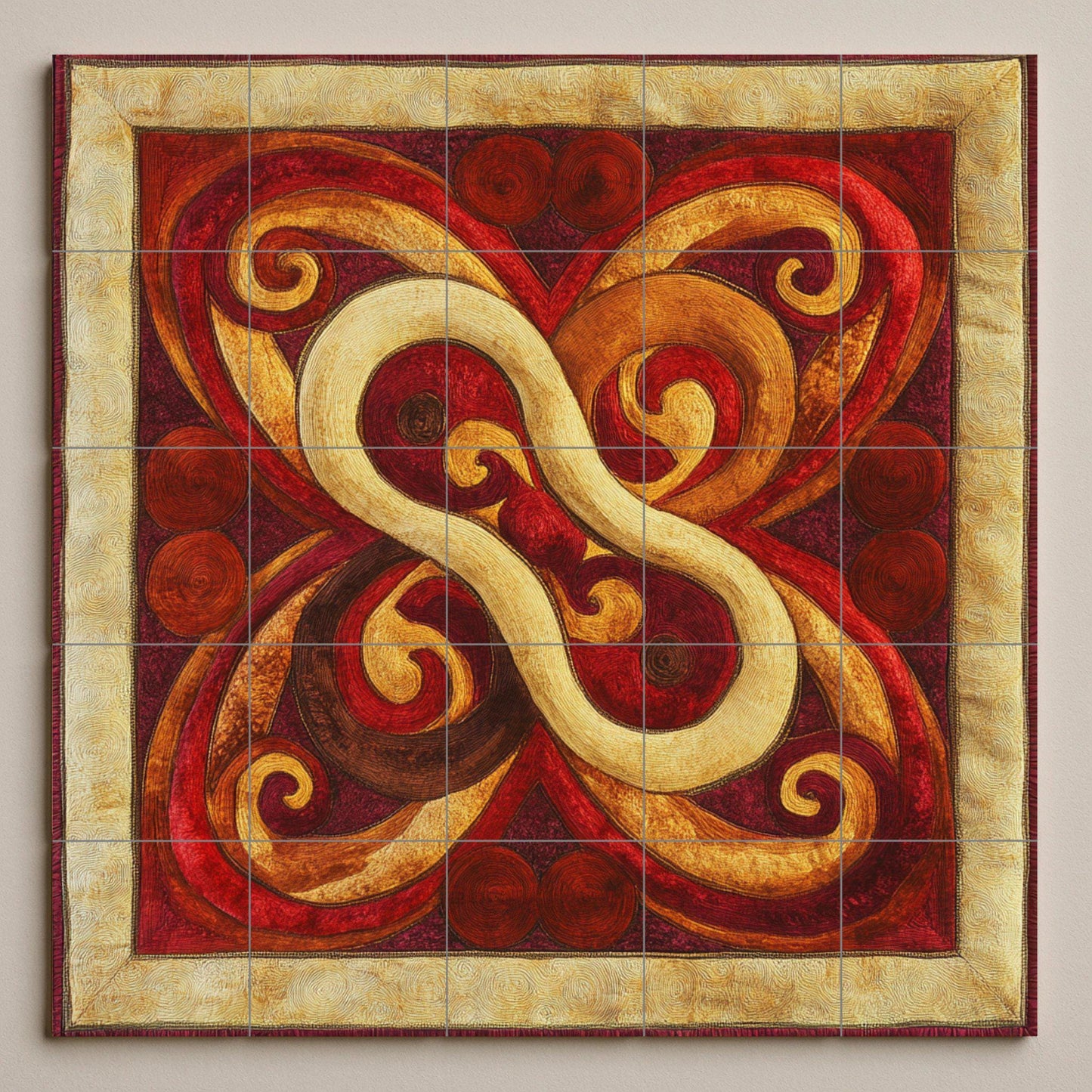 Ceramic mural with Mongolian knot: felt-inspired tile art with red and gold swirls, yurt decorative motif, striking abstract wall detail.