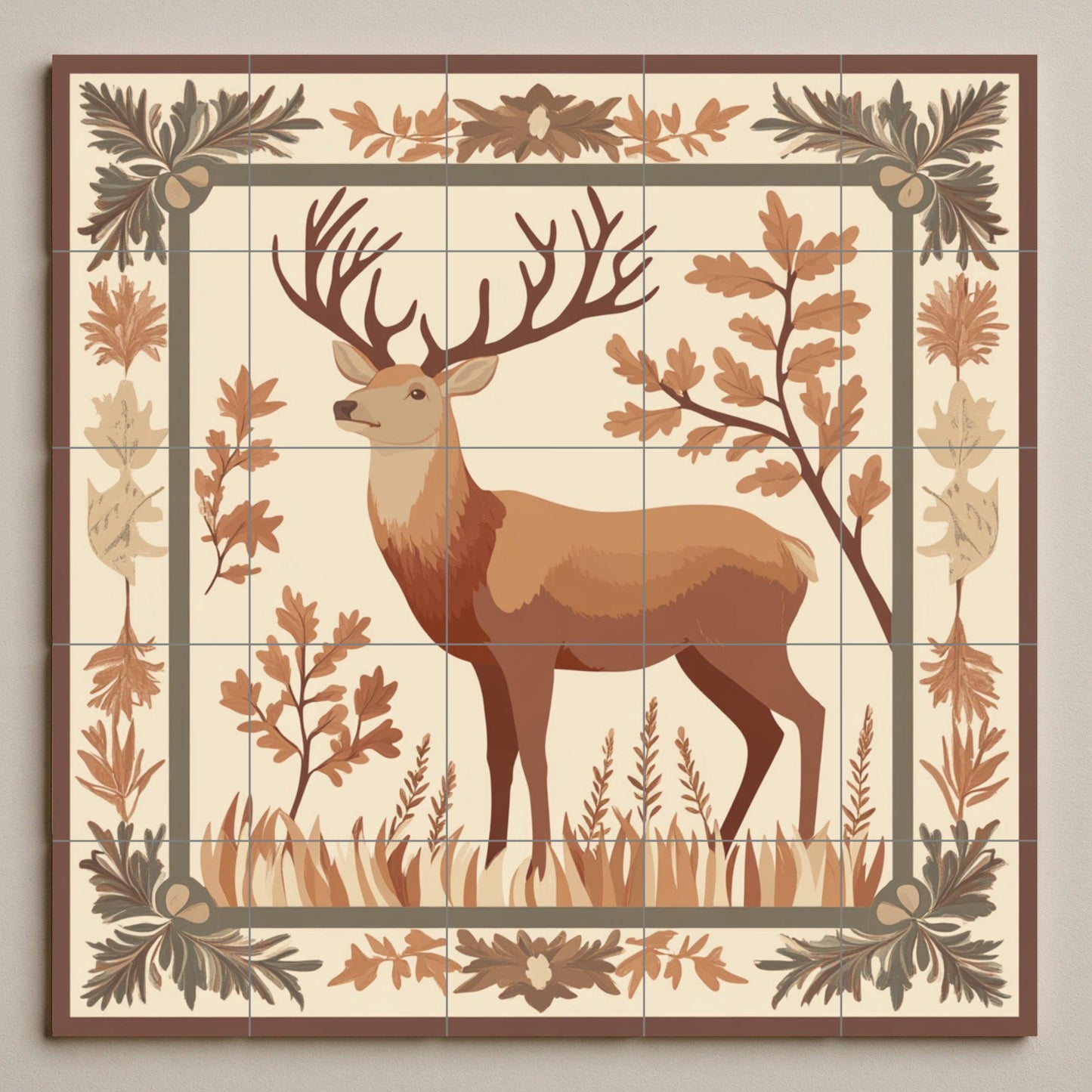 Deer ceramic mural in a forest frame: rustic artwork with forest tiles, nature heraldic panel, autumnal ceramic decorative wall art.