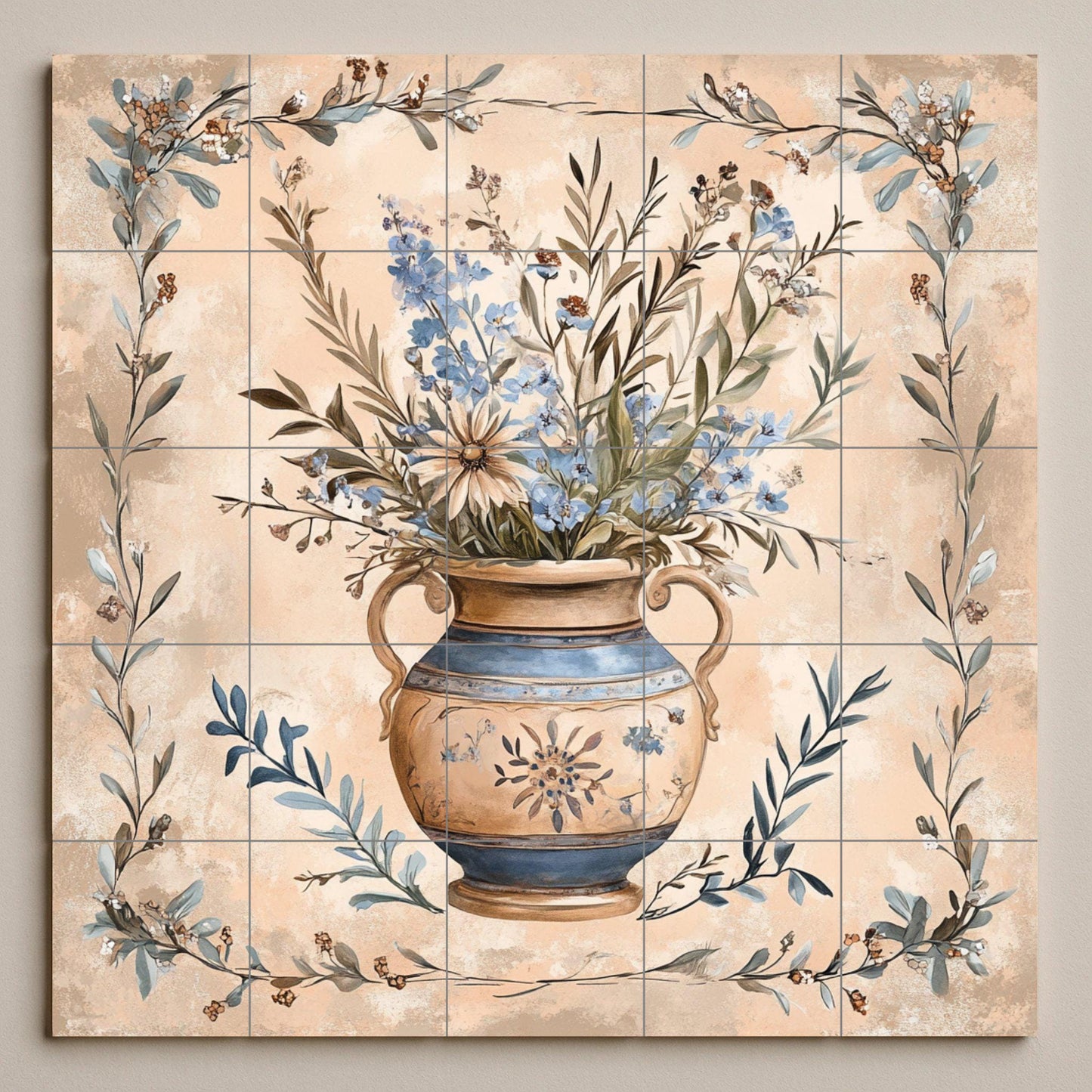 Tuscan ceramic mural with floral vase: Provencal artwork with tiles, Mediterranean botanical elegance, decorative panel of handcrafted ceramics.