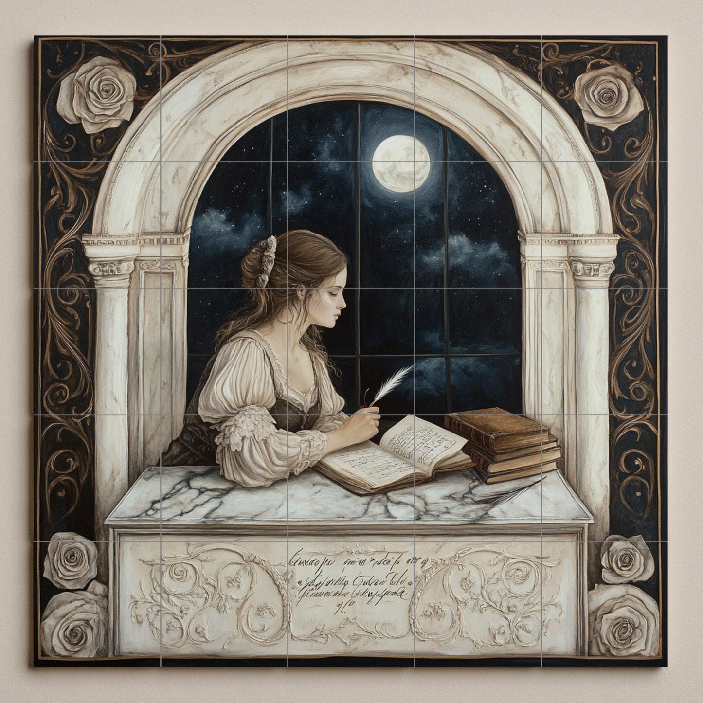 Romantic ceramic mural of a lady writing by a moonlit window: Gothic night artwork, literary tile panel, elegant decorative wall art.